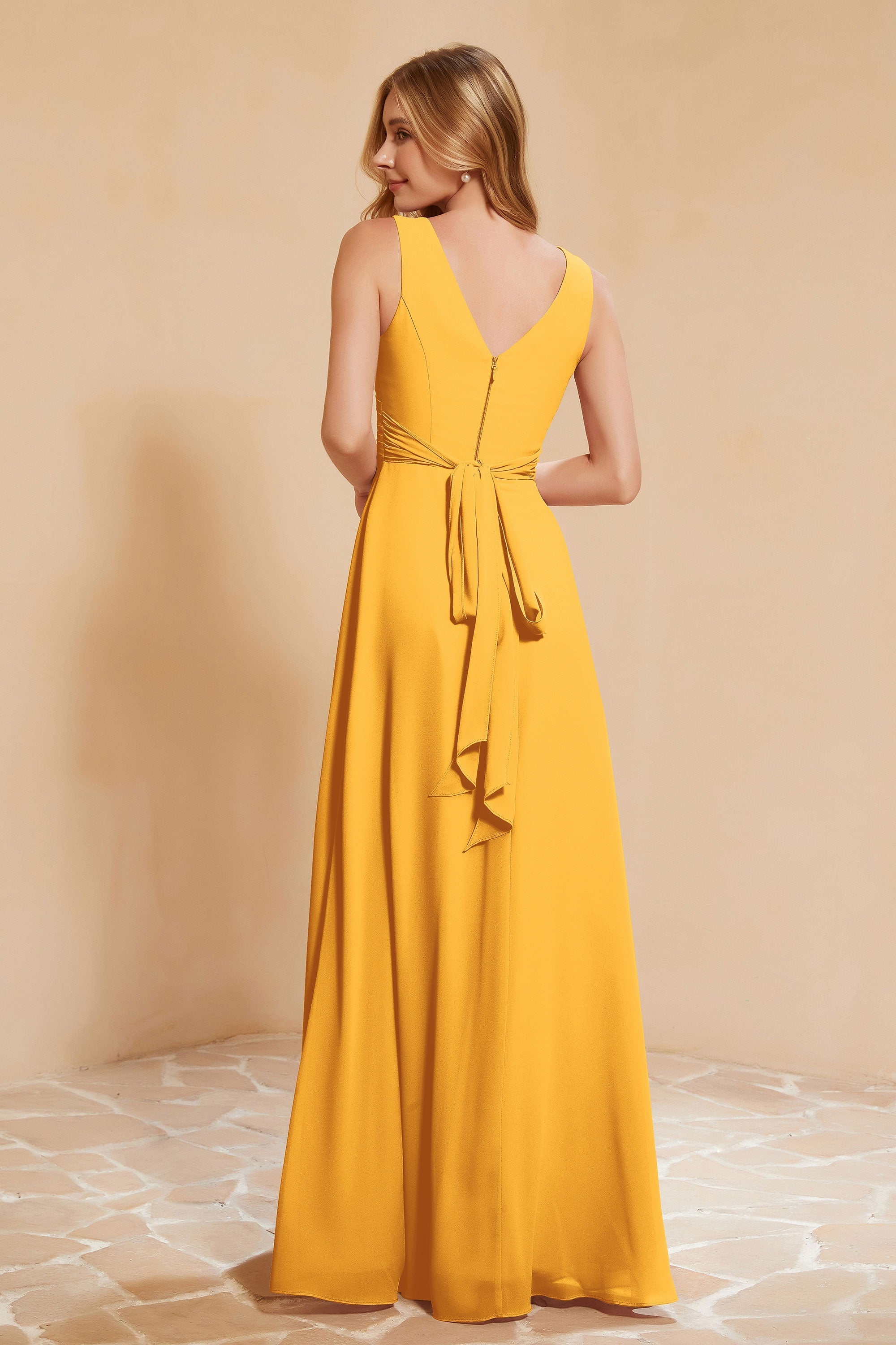 V Neckline Chiffon Bridesmaid Dress Long Pleated A Line Formal Evening Dresses Gowns