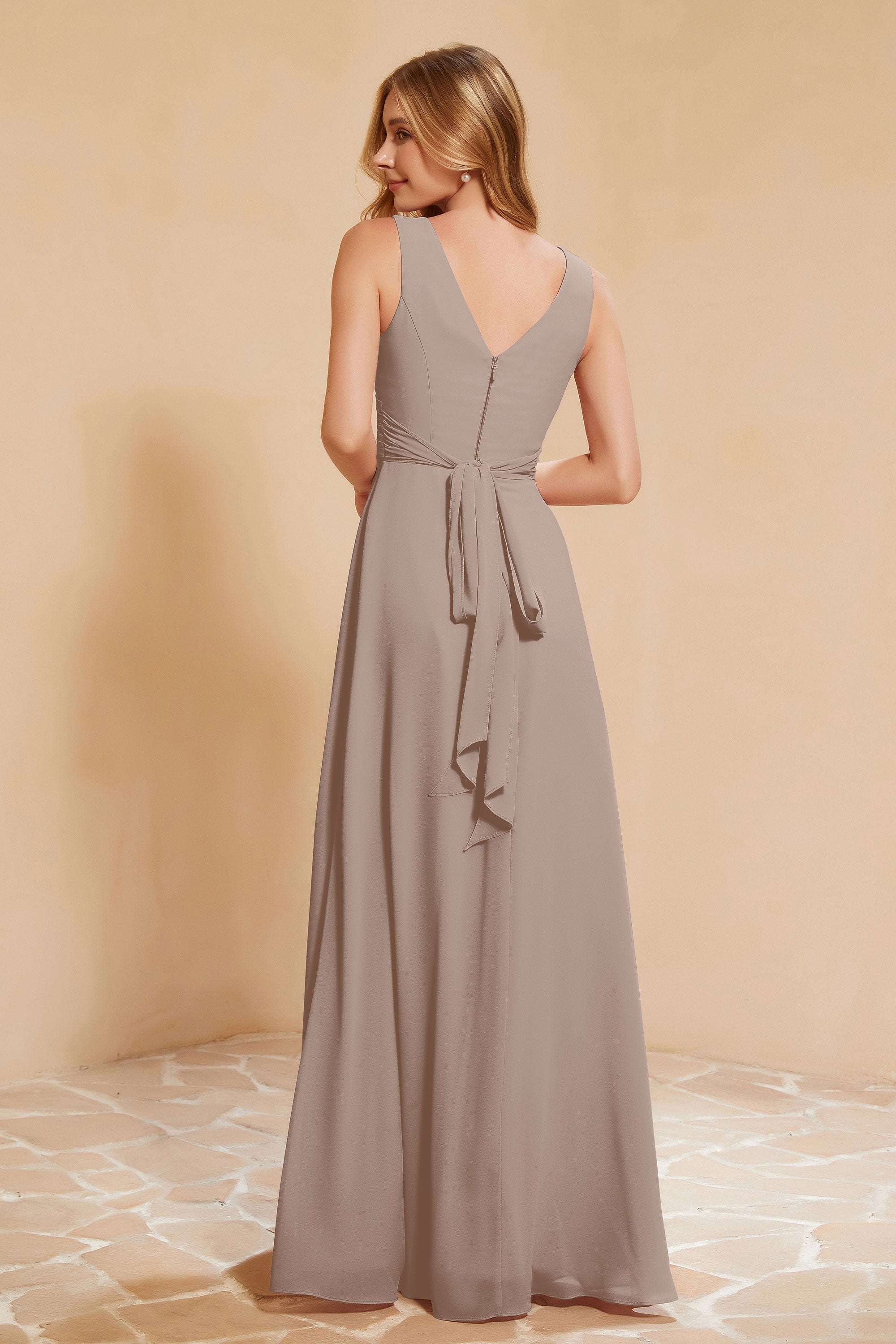 V Neckline Chiffon Bridesmaid Dress Long Pleated A Line Formal Evening Dresses Gowns