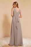 V Neckline Chiffon Bridesmaid Dress Long Pleated A Line Formal Evening Dresses Gowns