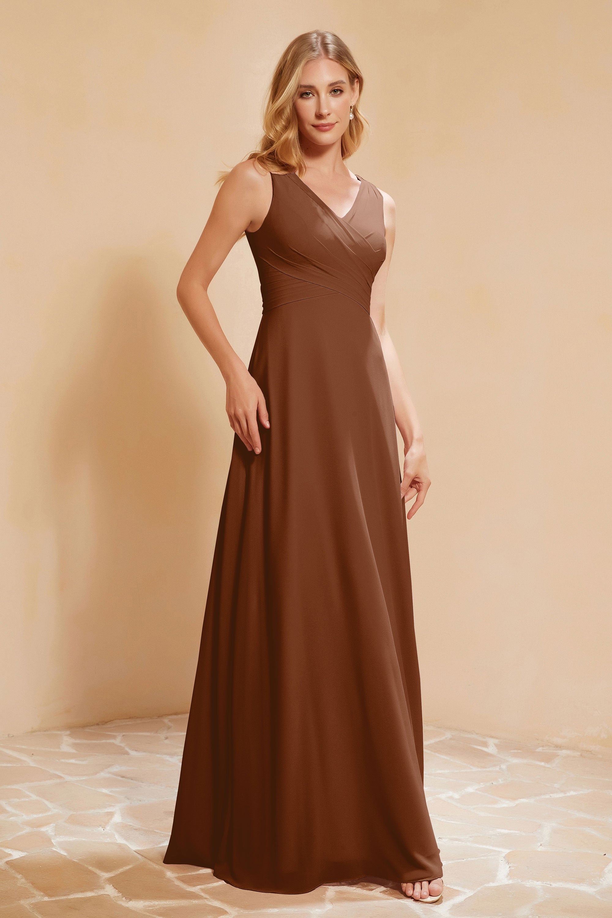 V Neckline Chiffon Bridesmaid Dress Long Pleated A Line Formal Evening Dresses Gowns
