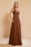 V Neckline Chiffon Bridesmaid Dress Long Pleated A Line Formal Evening Dresses Gowns