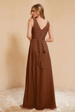 V Neckline Chiffon Bridesmaid Dress Long Pleated A Line Formal Evening Dresses Gowns