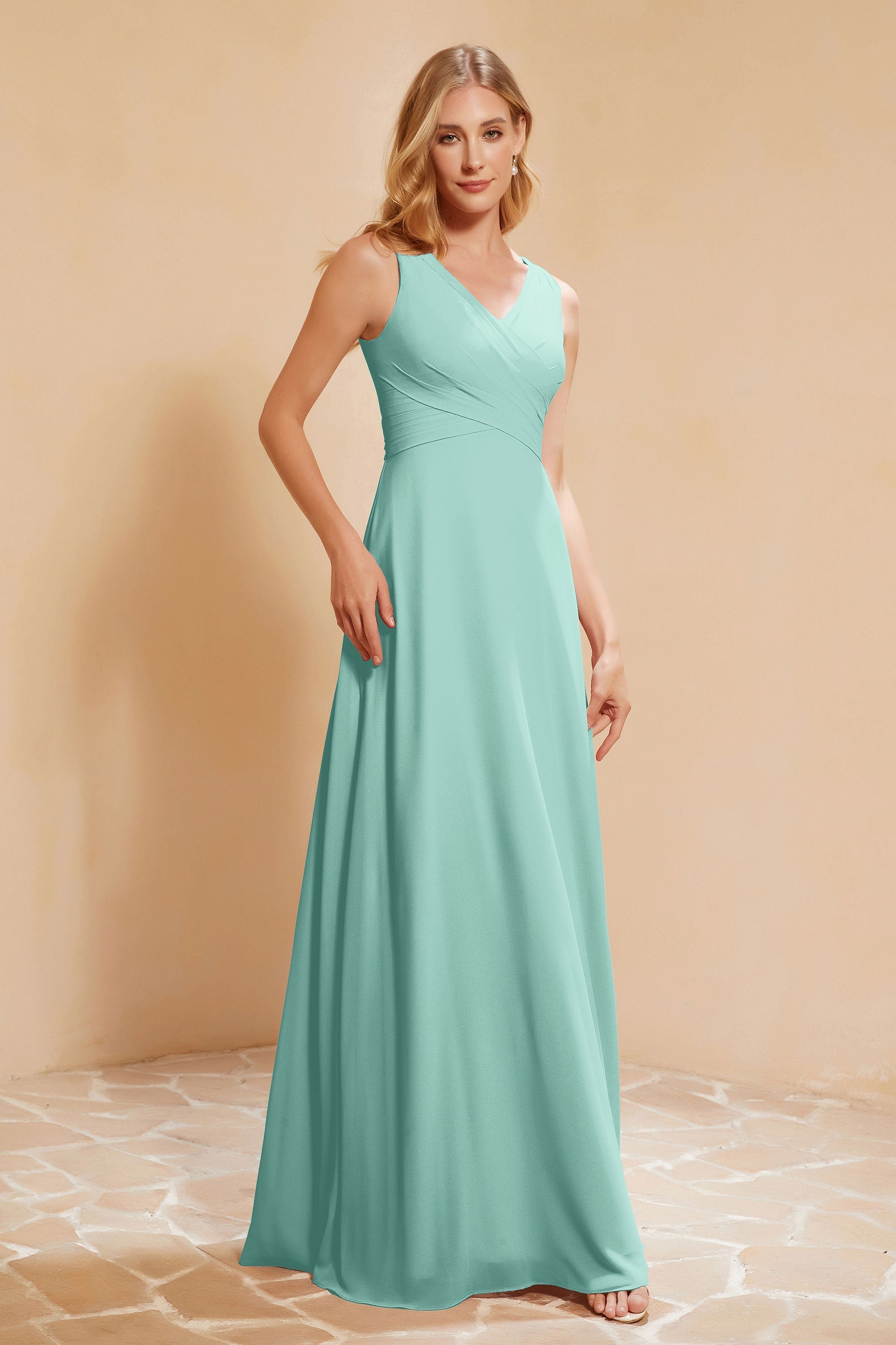 V Neckline Chiffon Bridesmaid Dress Long Pleated A Line Formal Evening Dresses Gowns