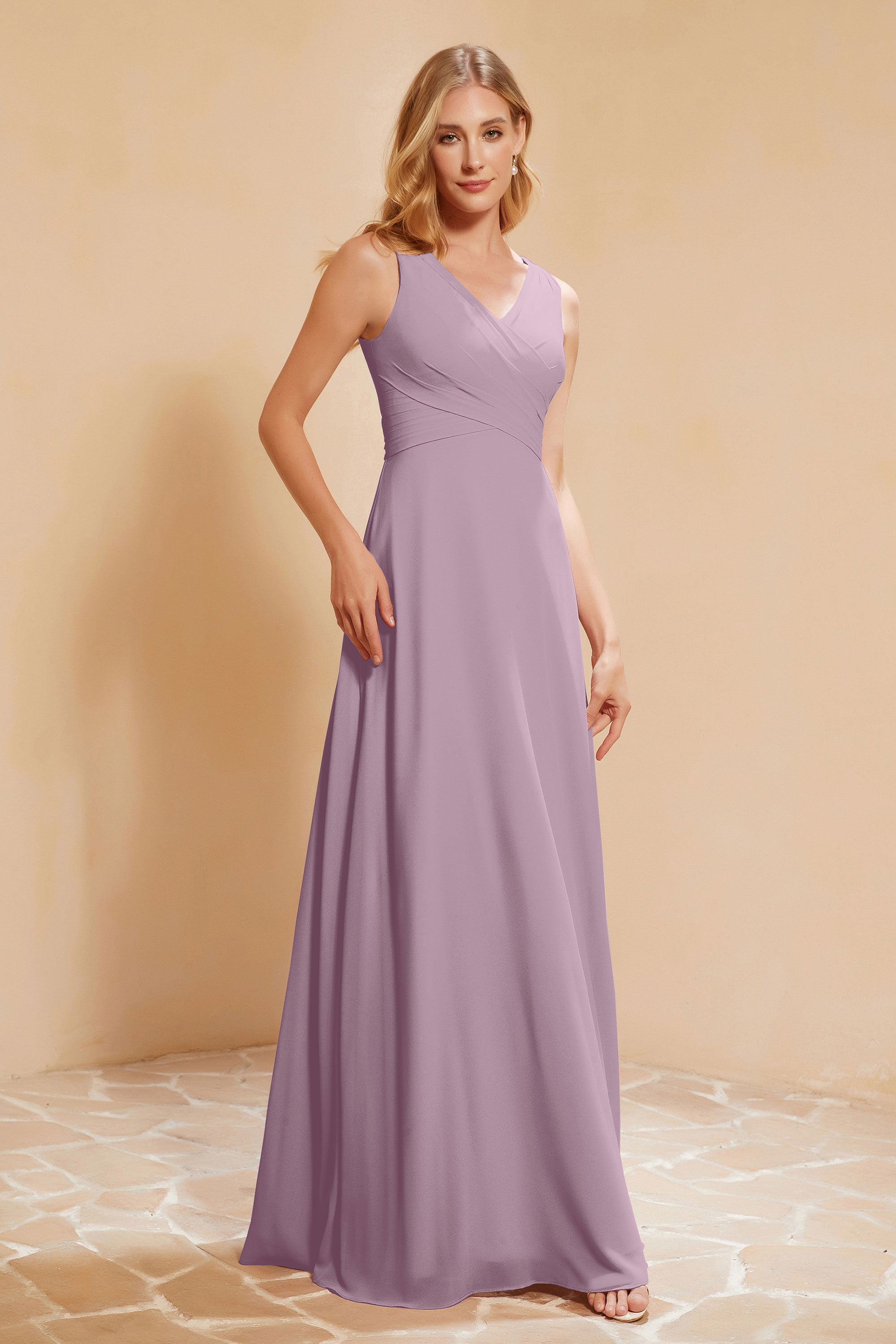 V Neckline Chiffon Bridesmaid Dress Long Pleated A Line Formal Evening Dresses Gowns