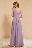 V Neckline Chiffon Bridesmaid Dress Long Pleated A Line Formal Evening Dresses Gowns