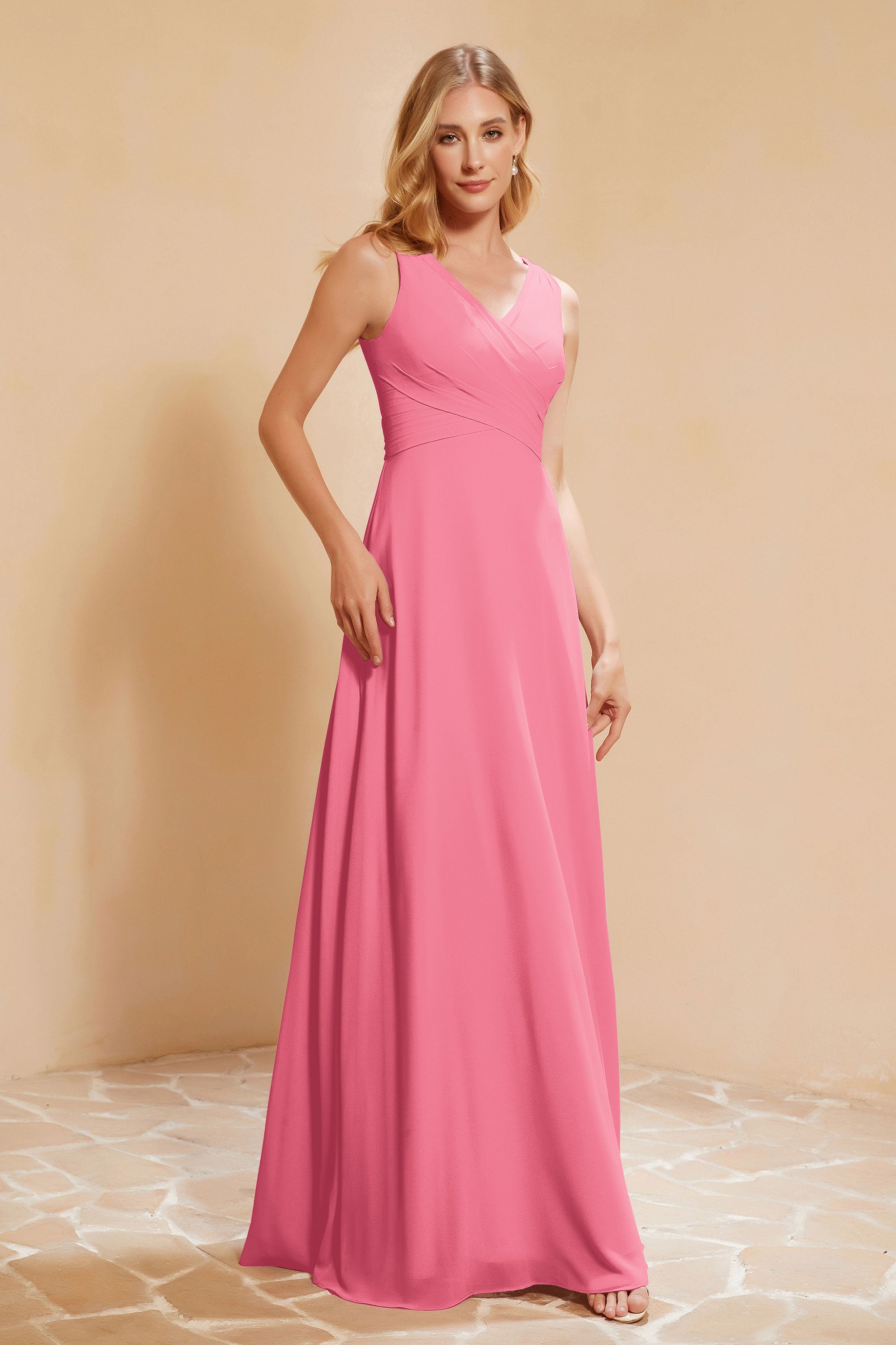 V Neckline Chiffon Bridesmaid Dress Long Pleated A Line Formal Evening Dresses Gowns