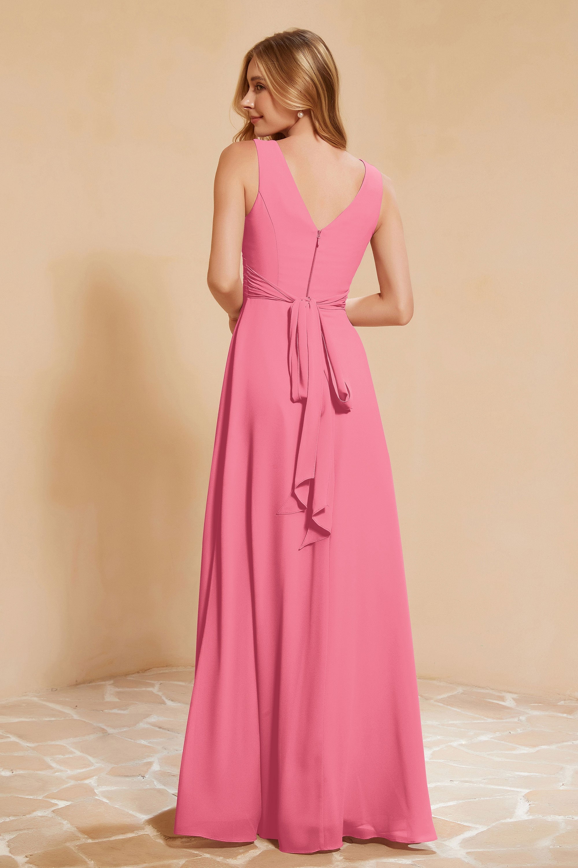 V Neckline Chiffon Bridesmaid Dress Long Pleated A Line Formal Evening Dresses Gowns