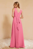 V Neckline Chiffon Bridesmaid Dress Long Pleated A Line Formal Evening Dresses Gowns