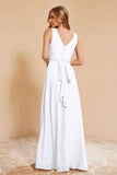V Neckline Chiffon Bridesmaid Dress Long Pleated A Line Formal Evening Dresses Gowns