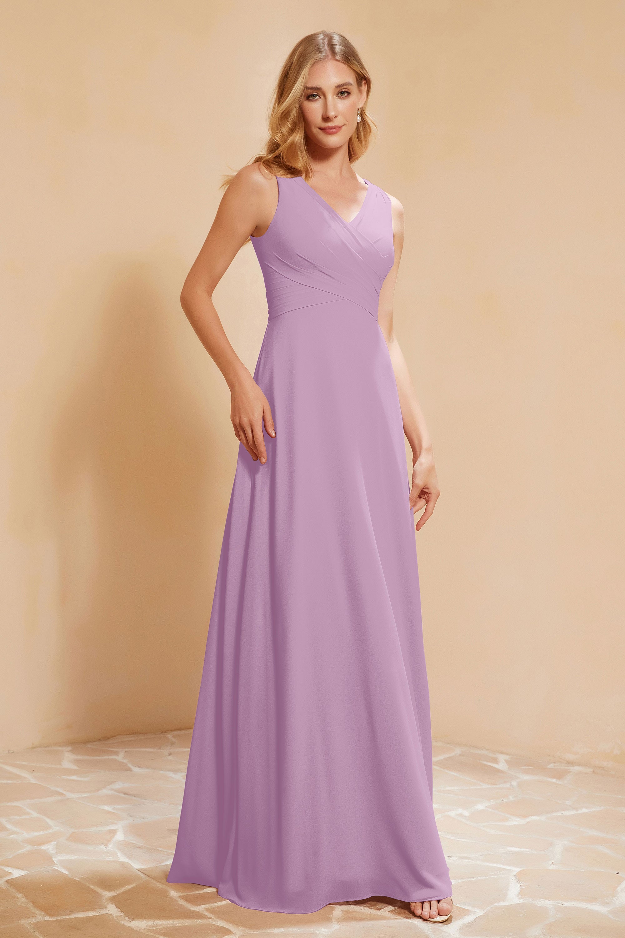 V Neckline Chiffon Bridesmaid Dress Long Pleated A Line Formal Evening Dresses Gowns