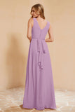 V Neckline Chiffon Bridesmaid Dress Long Pleated A Line Formal Evening Dresses Gowns