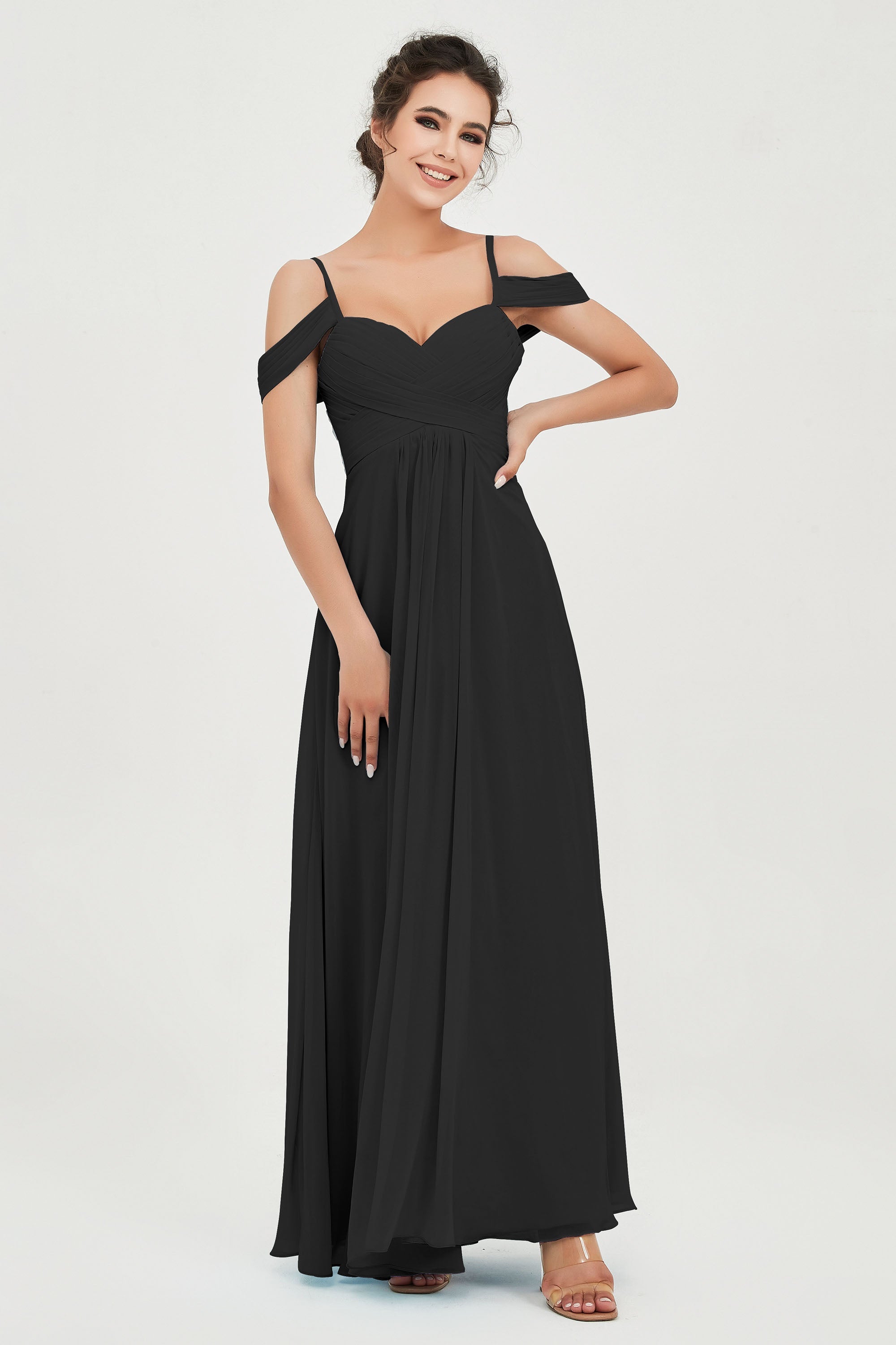 Spaghetti Straps Chiffon Off the Shoulder Bridesmaid Dress Floor Formal Evening Dresses Gowns
