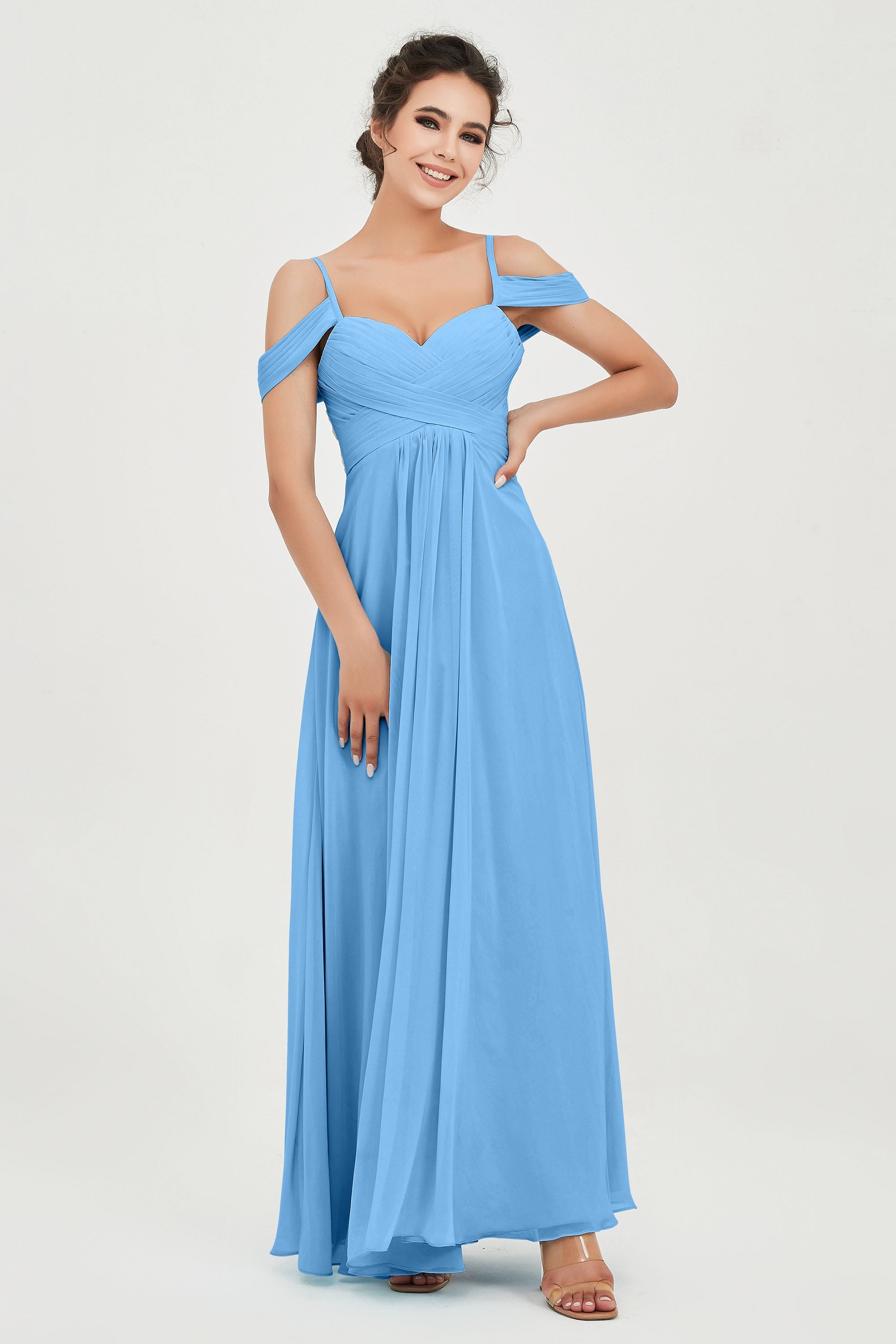 Spaghetti Straps Chiffon Off the Shoulder Bridesmaid Dress Floor Formal Evening Dresses Gowns
