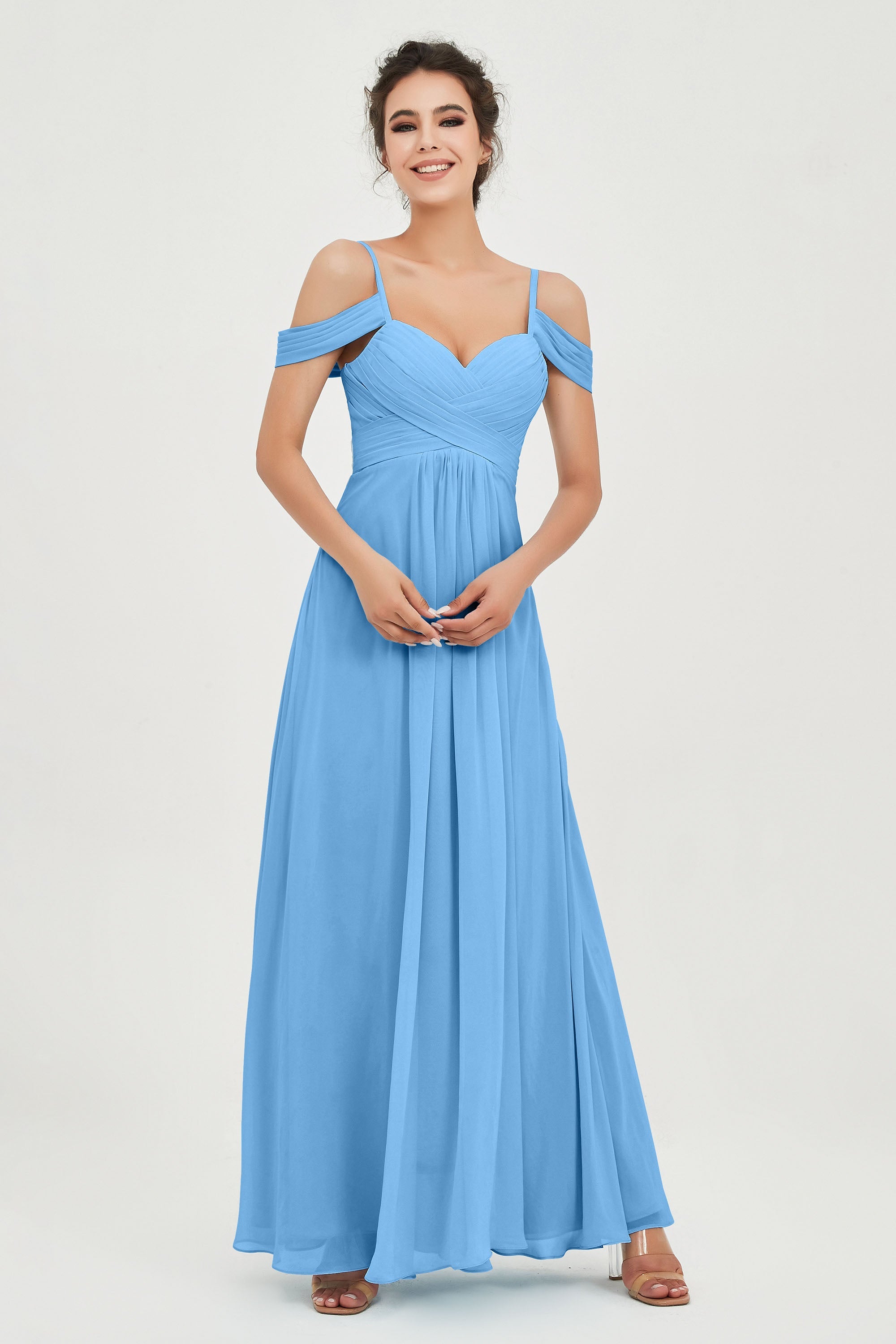 Spaghetti Straps Chiffon Off the Shoulder Bridesmaid Dress Floor Formal Evening Dresses Gowns