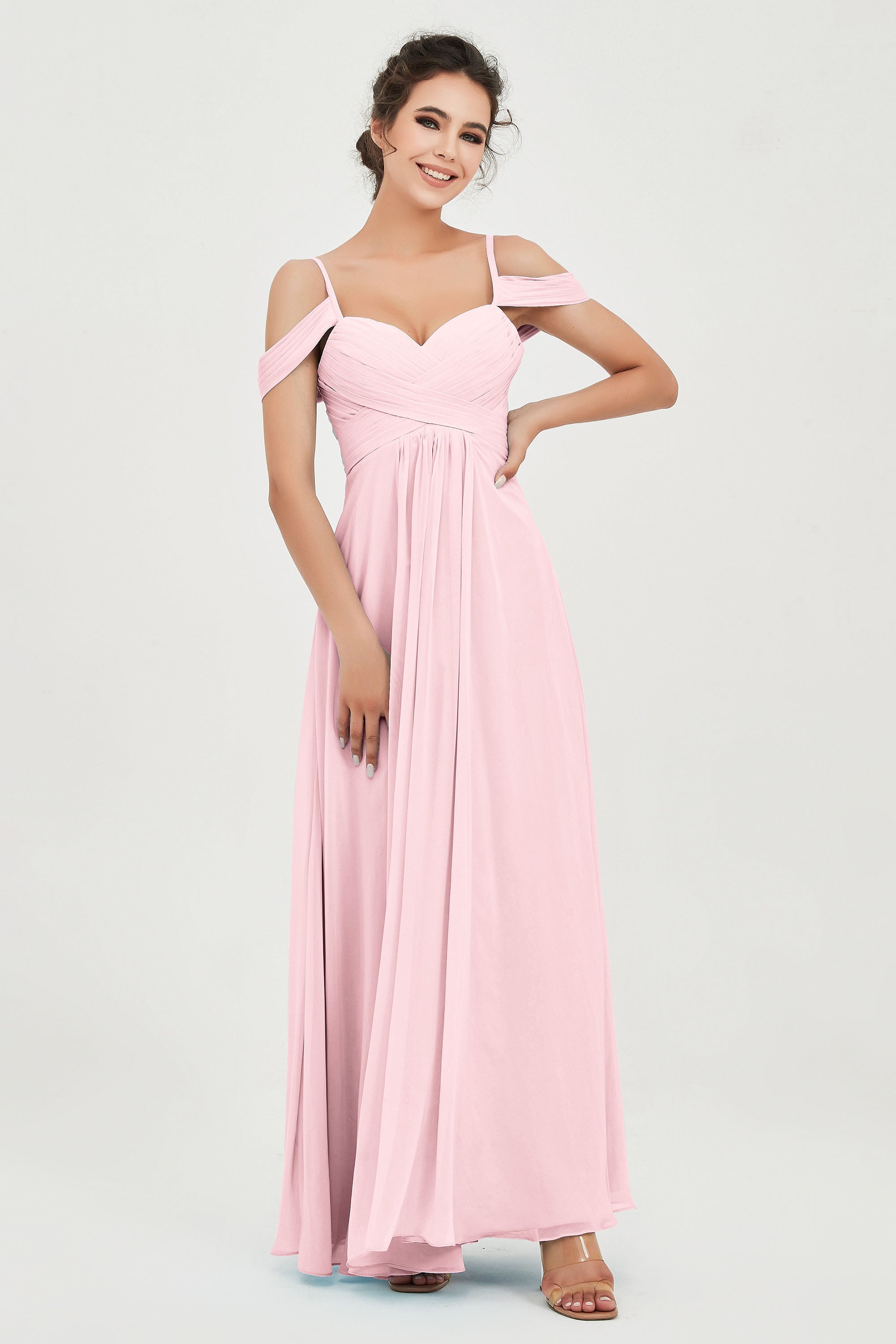 Spaghetti Straps Chiffon Off the Shoulder Bridesmaid Dress Floor Formal Evening Dresses Gowns