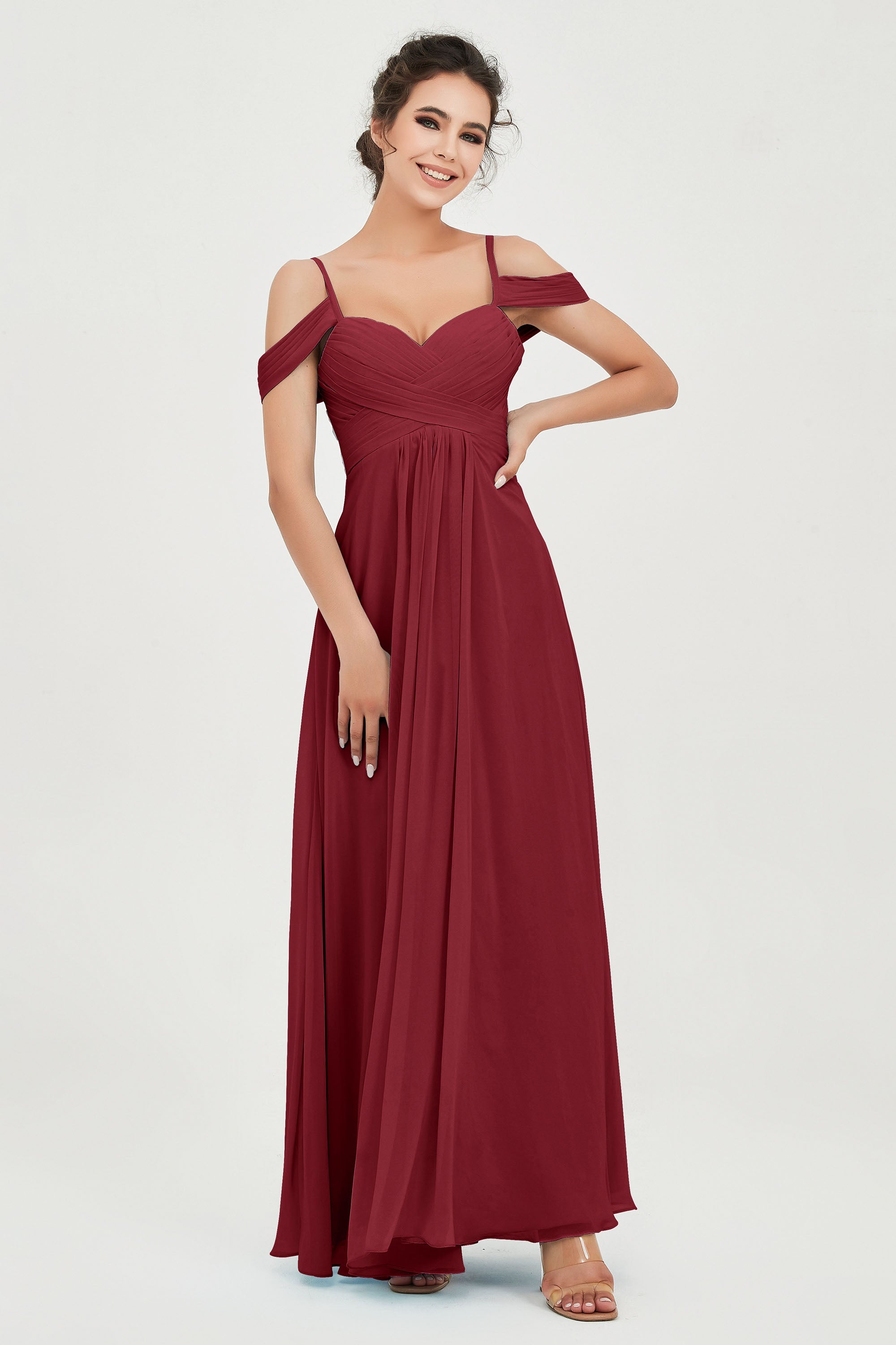 Spaghetti Straps Chiffon Off the Shoulder Bridesmaid Dress Floor Formal Evening Dresses Gowns