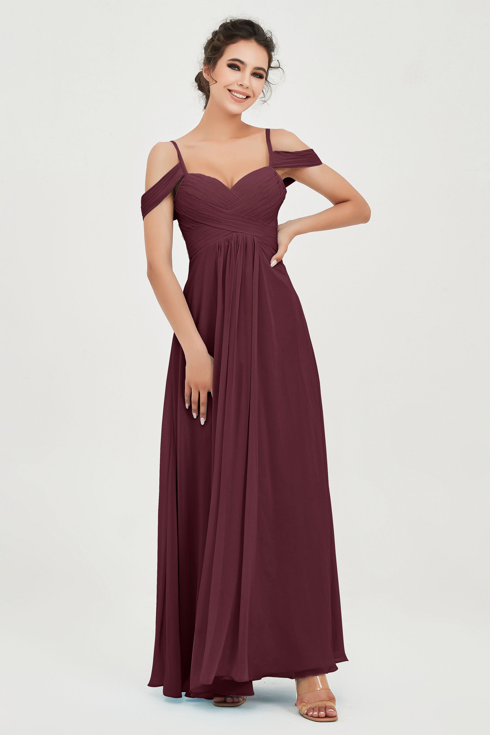 Spaghetti Straps Chiffon Off the Shoulder Bridesmaid Dress Floor Formal Evening Dresses Gowns