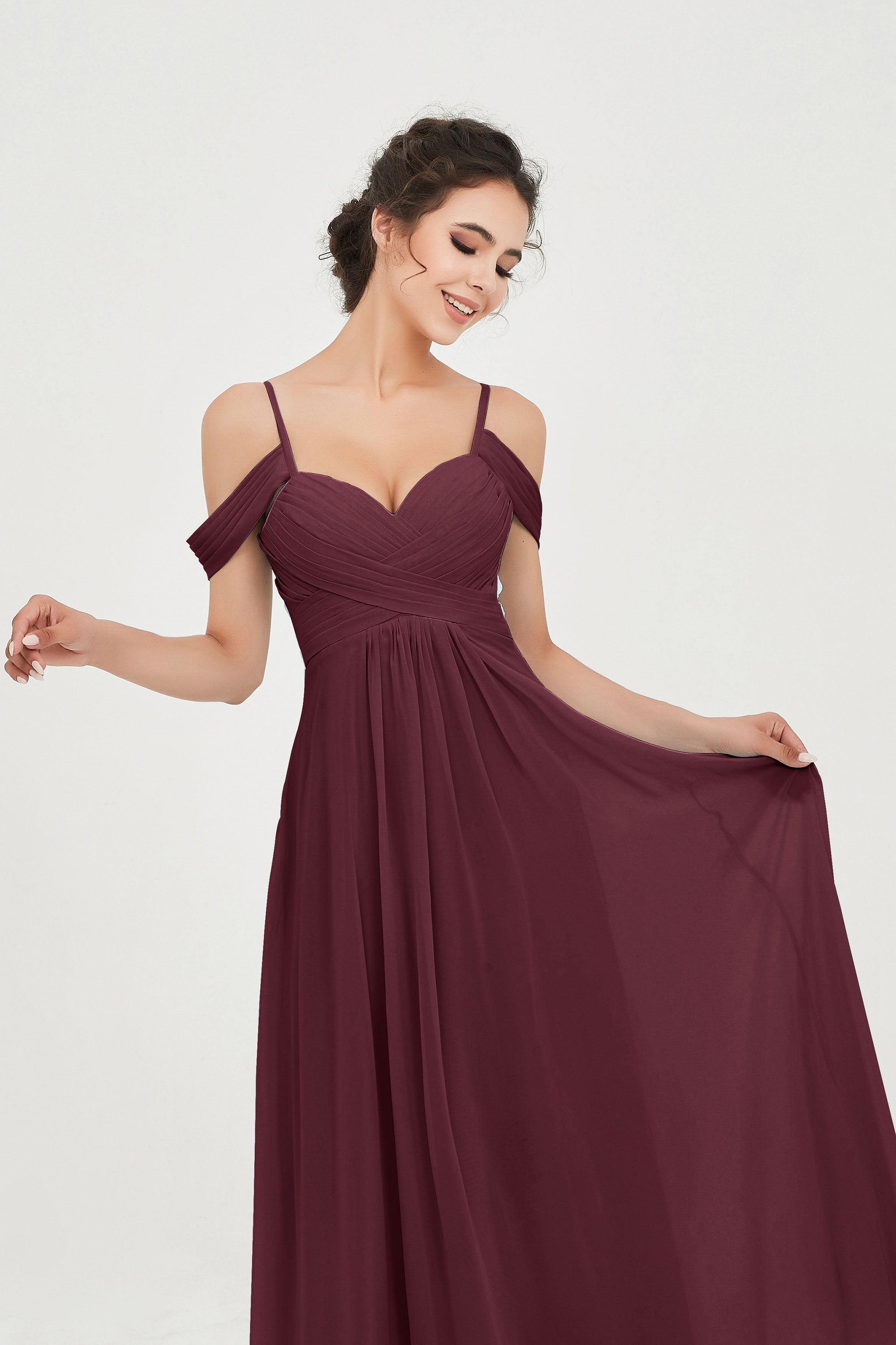 Spaghetti Straps Chiffon Off the Shoulder Bridesmaid Dress Floor Formal Evening Dresses Gowns