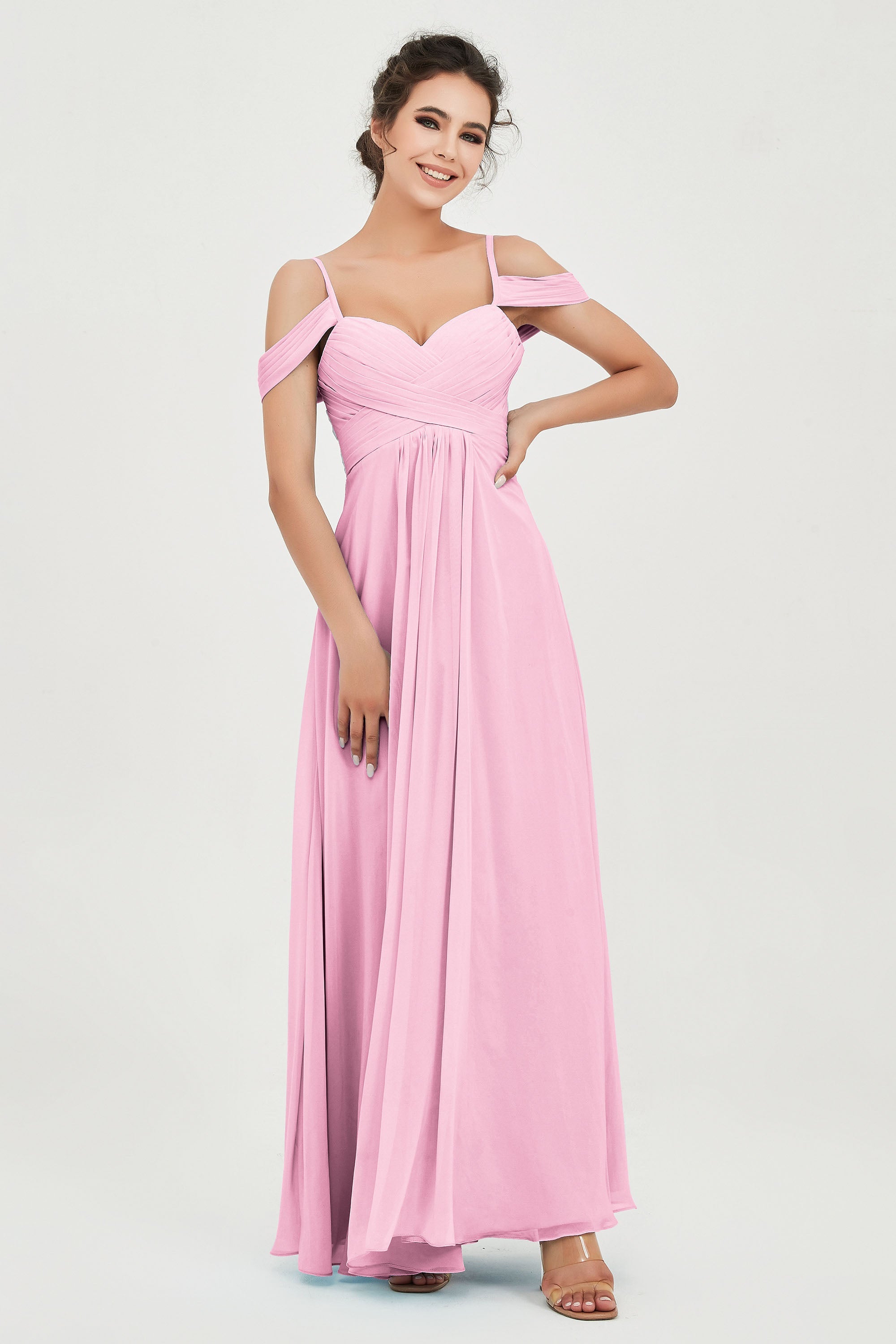 Spaghetti Straps Chiffon Off the Shoulder Bridesmaid Dress Floor Formal Evening Dresses Gowns
