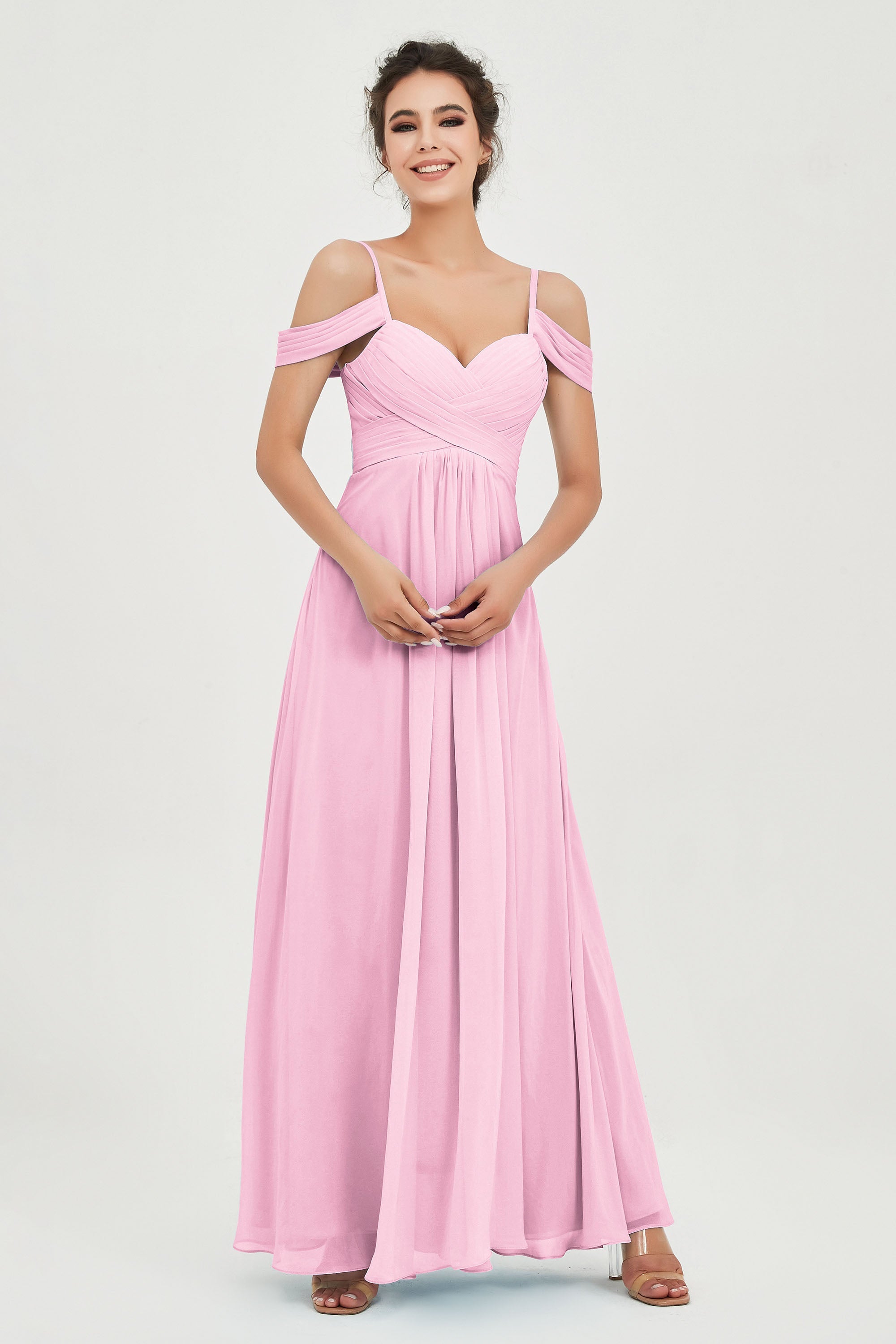 Spaghetti Straps Chiffon Off the Shoulder Bridesmaid Dress Floor Formal Evening Dresses Gowns