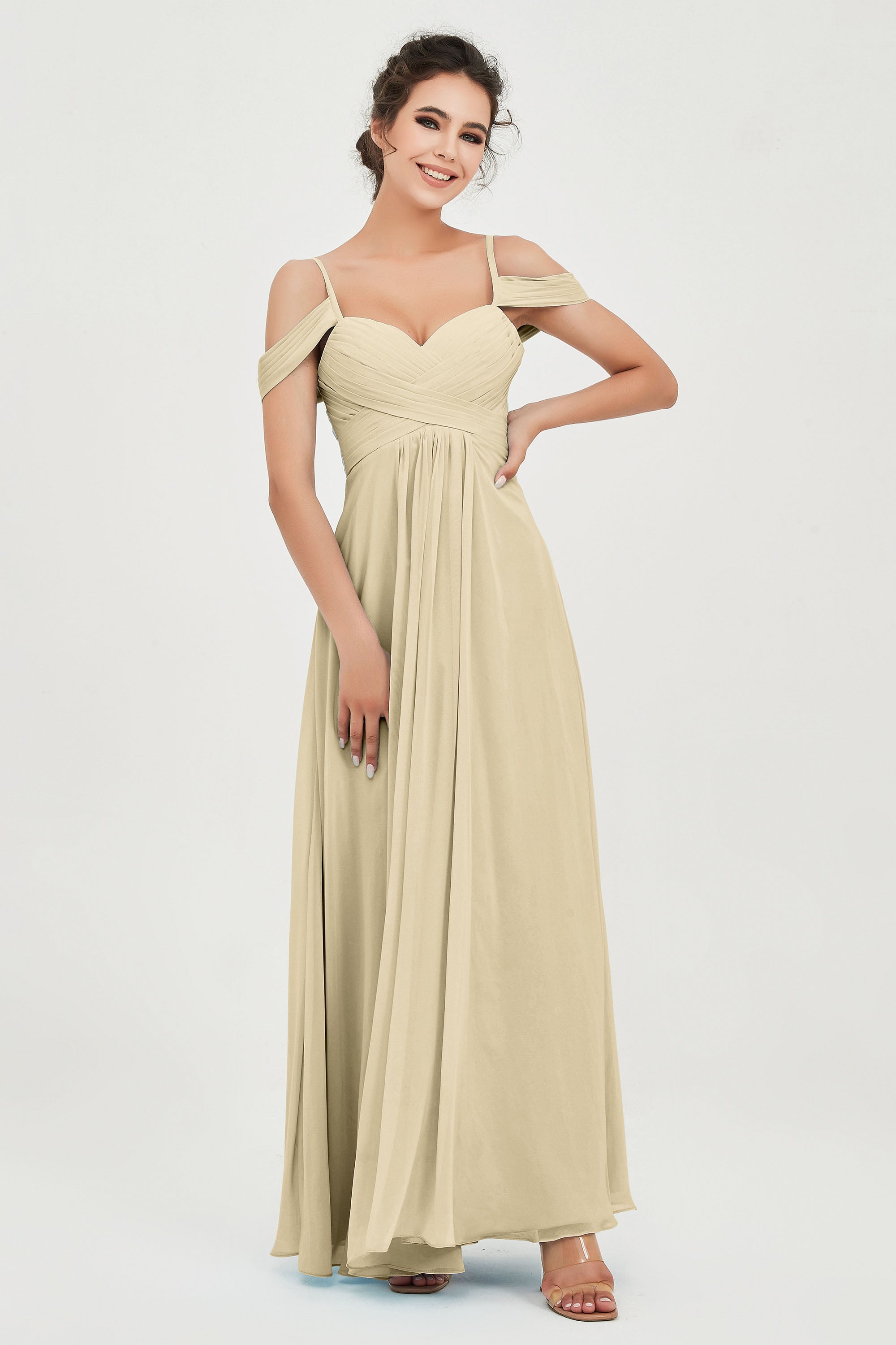Spaghetti Straps Chiffon Off the Shoulder Bridesmaid Dress Floor Formal Evening Dresses Gowns