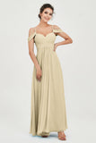 Spaghetti Straps Chiffon Off the Shoulder Bridesmaid Dress Floor Formal Evening Dresses Gowns