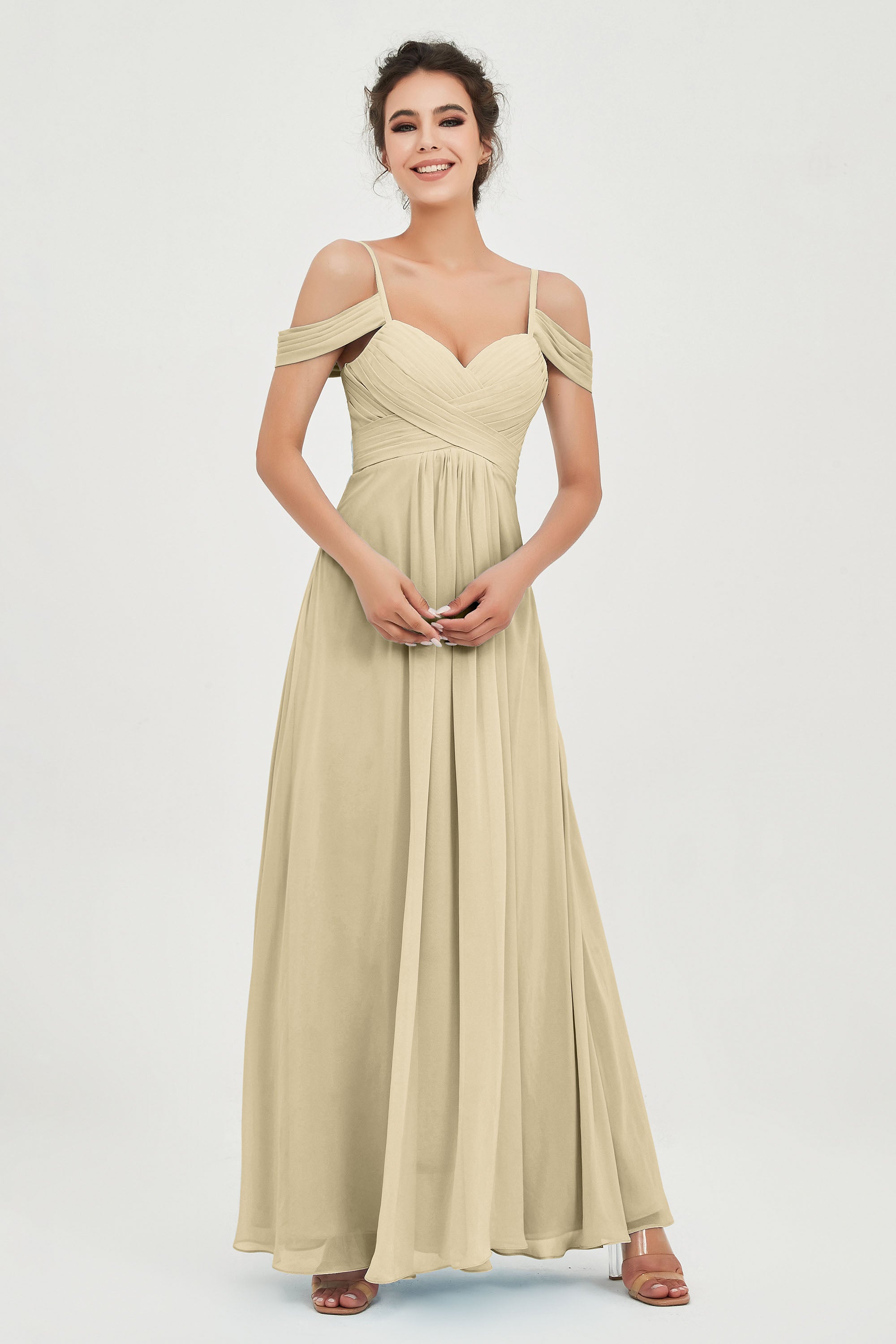 Spaghetti Straps Chiffon Off the Shoulder Bridesmaid Dress Floor Formal Evening Dresses Gowns