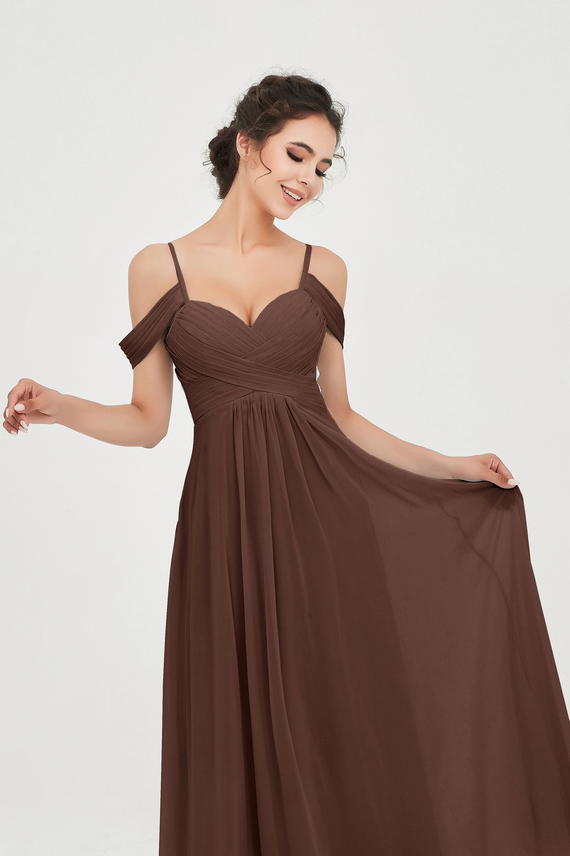 Spaghetti Straps Chiffon Off the Shoulder Bridesmaid Dress Floor Formal Evening Dresses Gowns