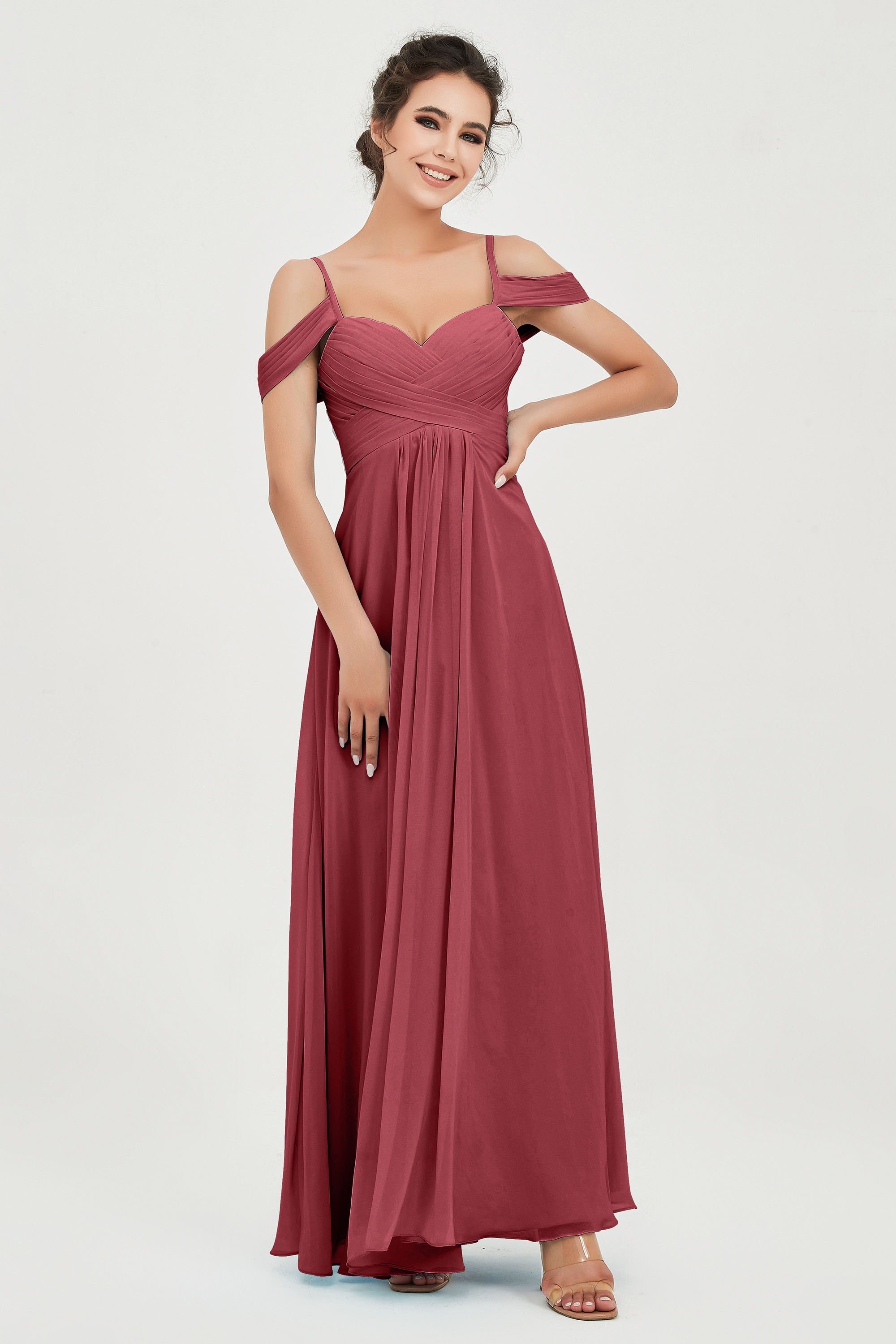 Spaghetti Straps Chiffon Off the Shoulder Bridesmaid Dress Floor Formal Evening Dresses Gowns