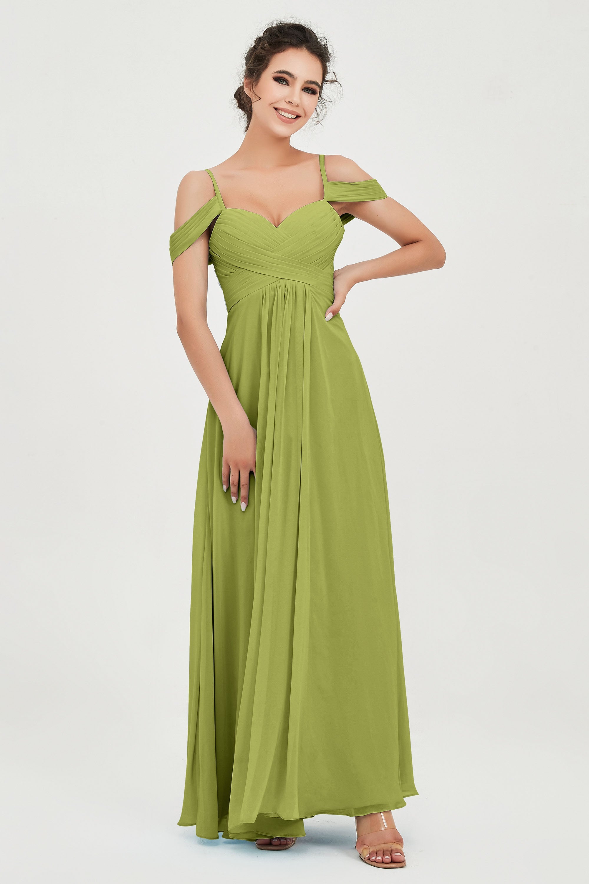 Spaghetti Straps Chiffon Off the Shoulder Bridesmaid Dress Floor Formal Evening Dresses Gowns
