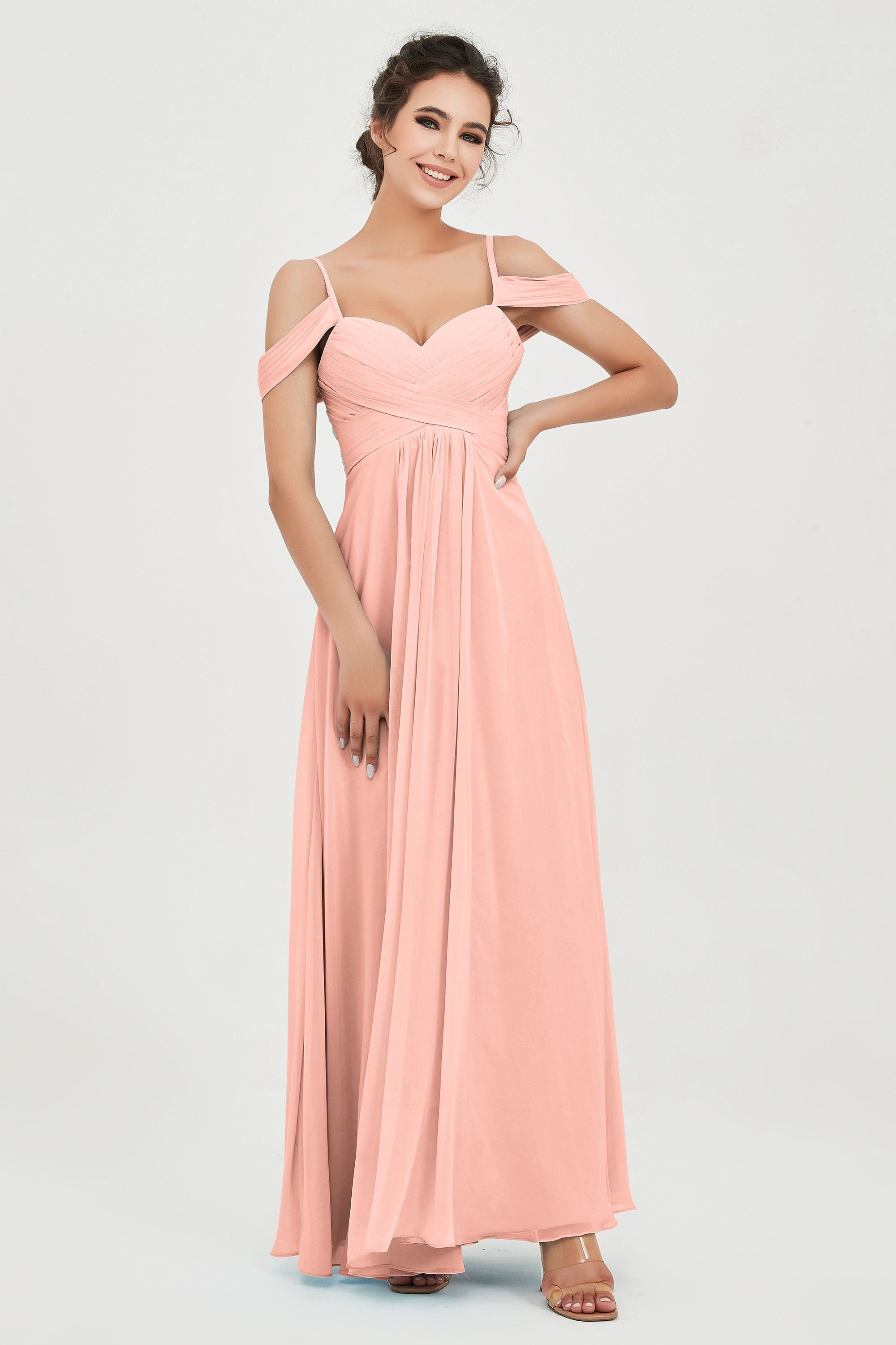 Spaghetti Straps Chiffon Off the Shoulder Bridesmaid Dress Floor Formal Evening Dresses Gowns