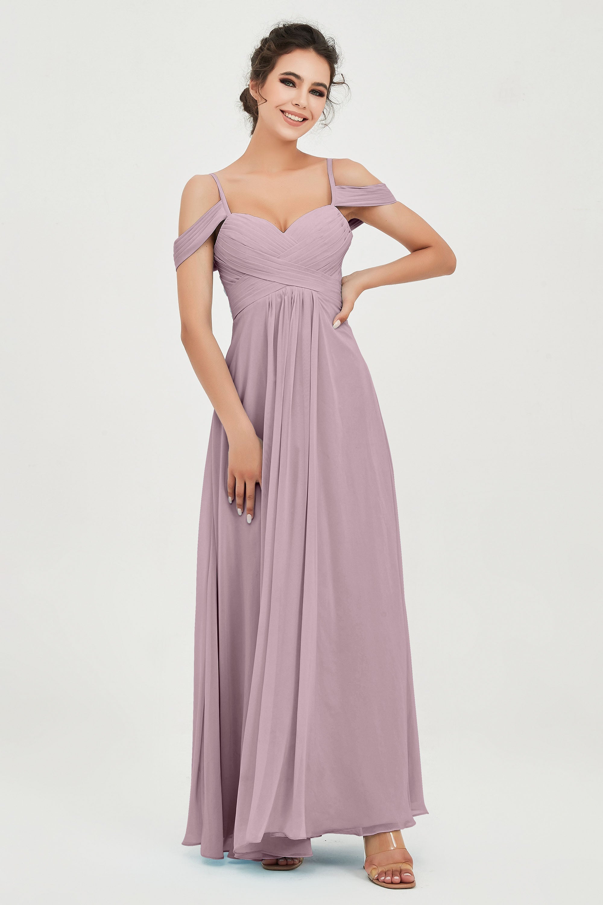 Spaghetti Straps Chiffon Off the Shoulder Bridesmaid Dress Floor Formal Evening Dresses Gowns