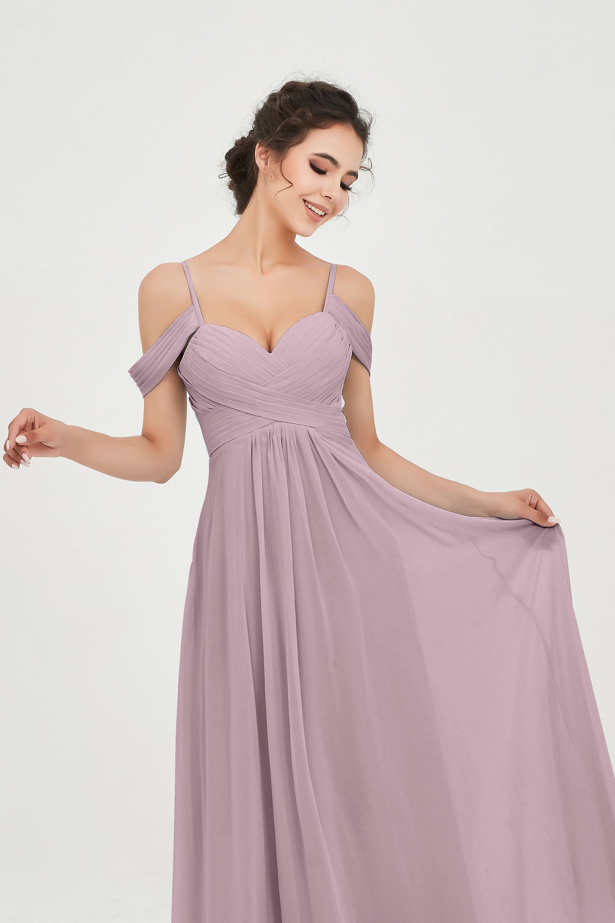 Spaghetti Straps Chiffon Off the Shoulder Bridesmaid Dress Floor Formal Evening Dresses Gowns