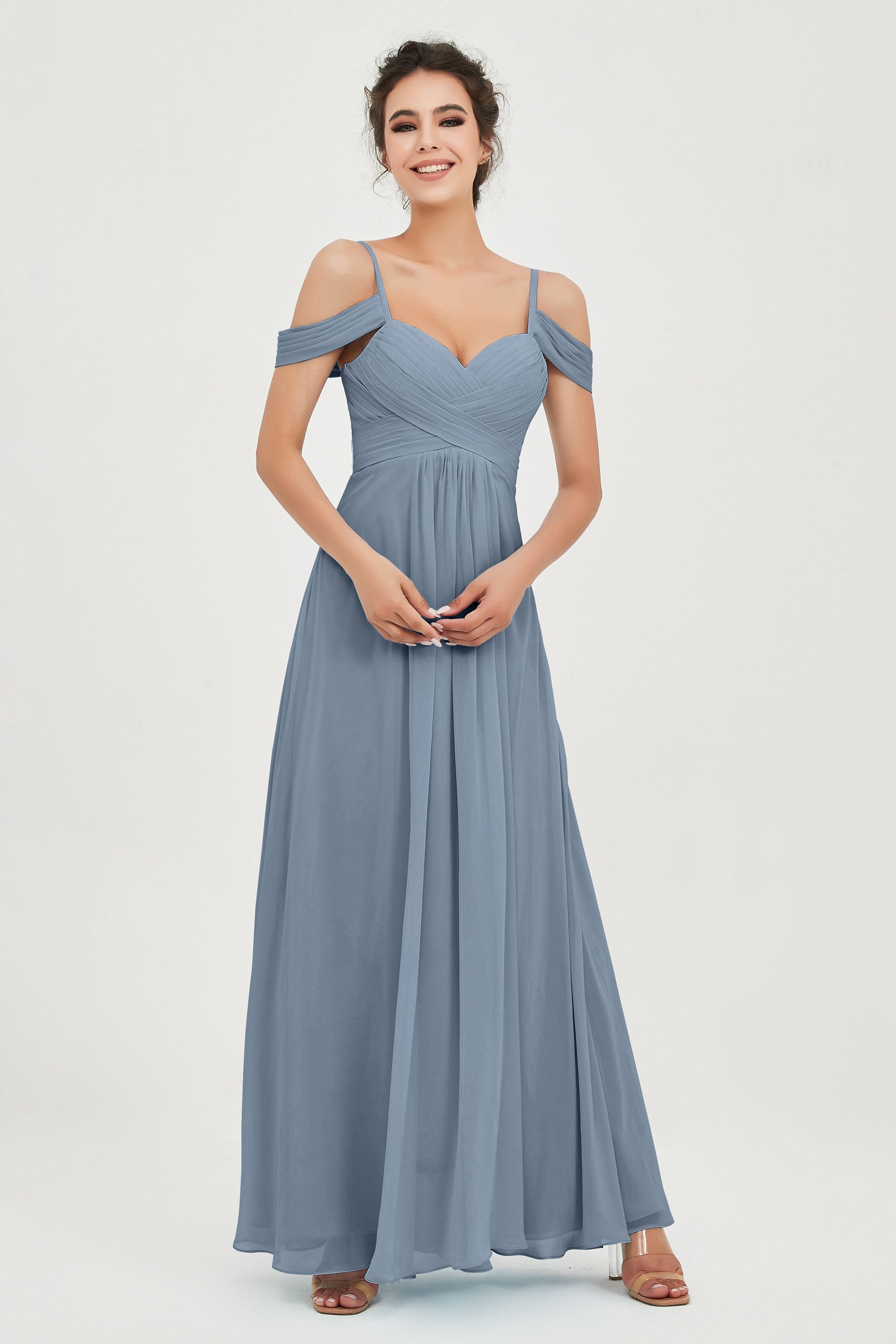 Spaghetti Straps Chiffon Off the Shoulder Bridesmaid Dress Floor Formal Evening Dresses Gowns