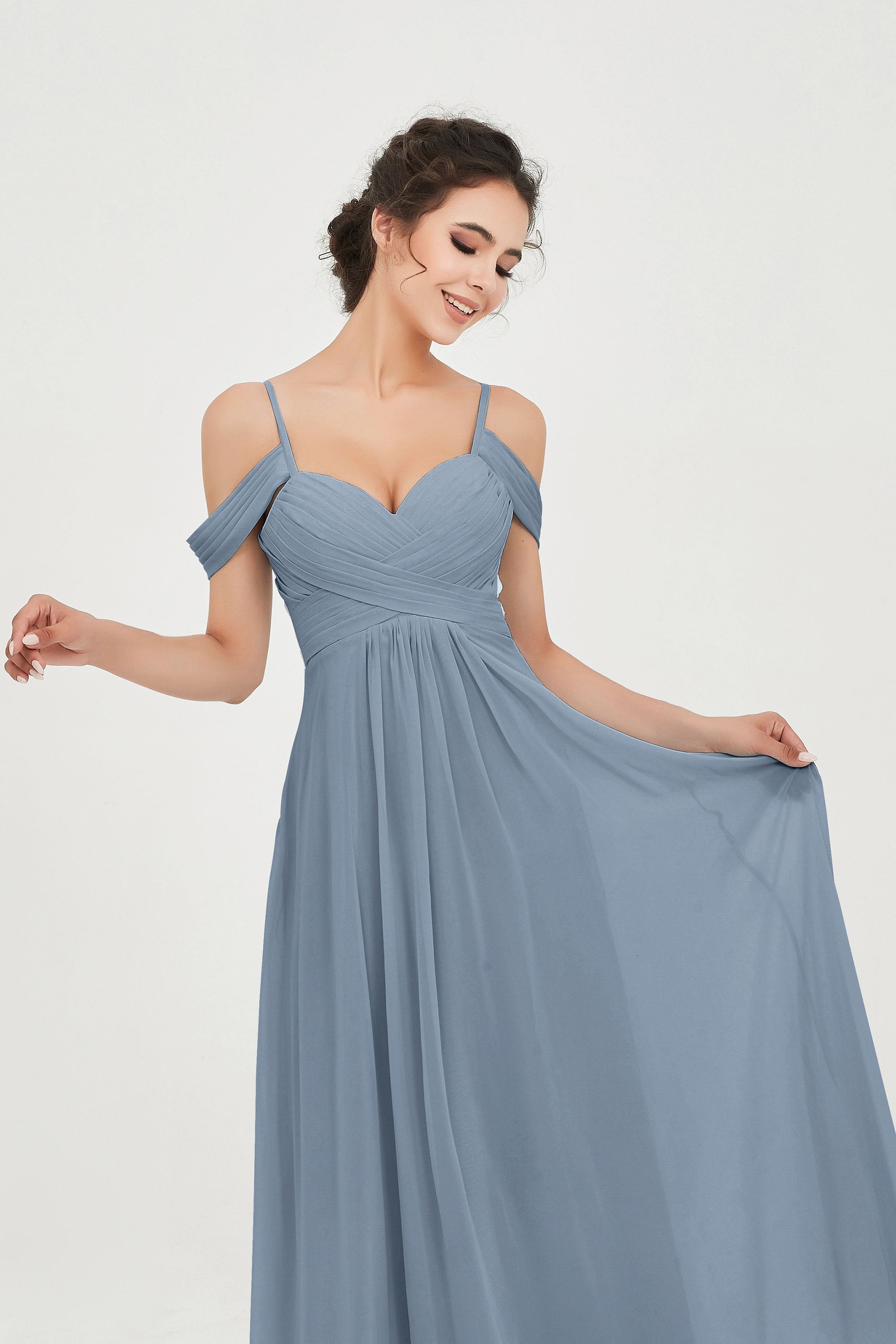 Spaghetti Straps Chiffon Off the Shoulder Bridesmaid Dress Floor Formal Evening Dresses Gowns