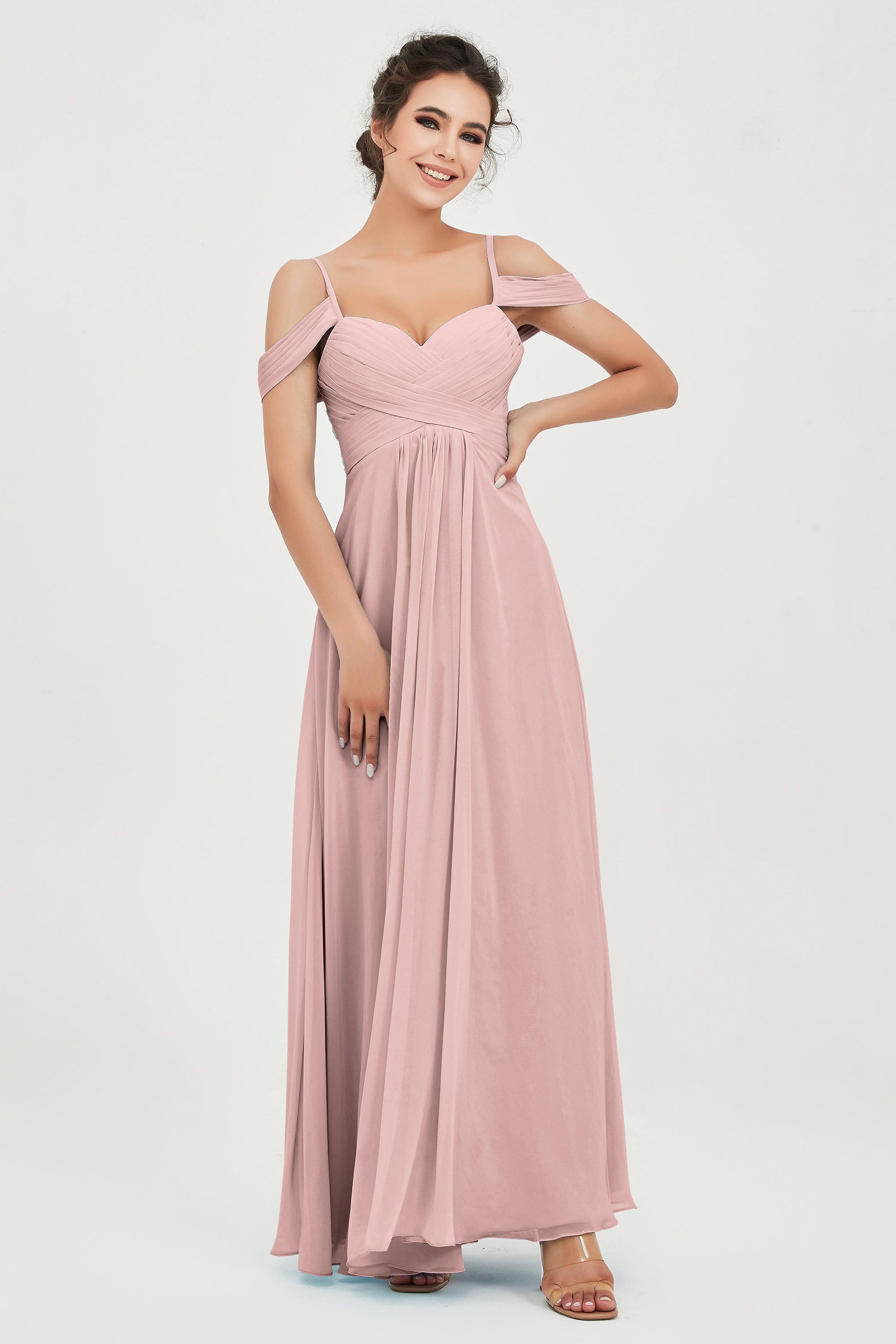 Spaghetti Straps Chiffon Off the Shoulder Bridesmaid Dress Floor Formal Evening Dresses Gowns