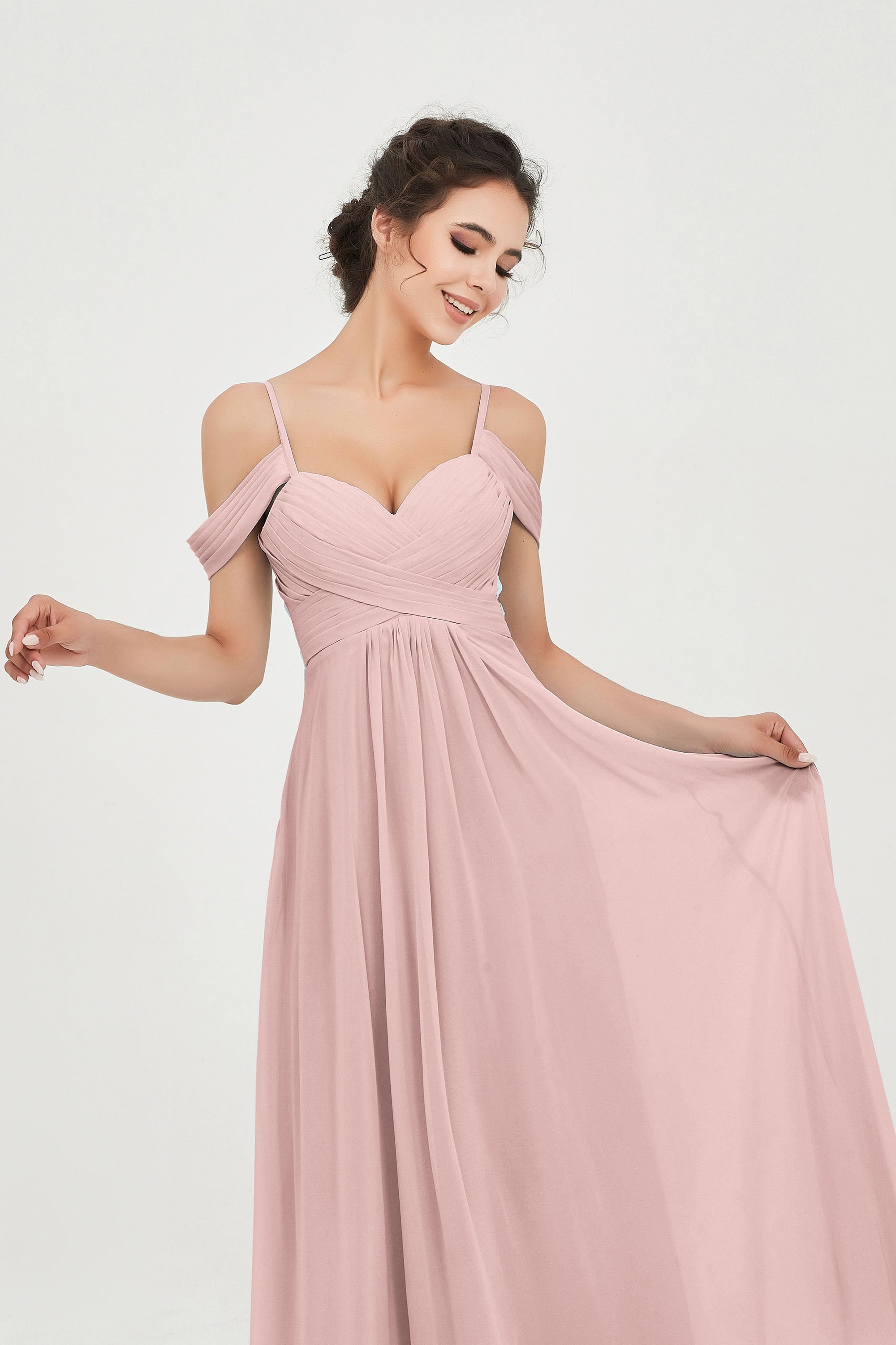 Spaghetti Straps Chiffon Off the Shoulder Bridesmaid Dress Floor Formal Evening Dresses Gowns