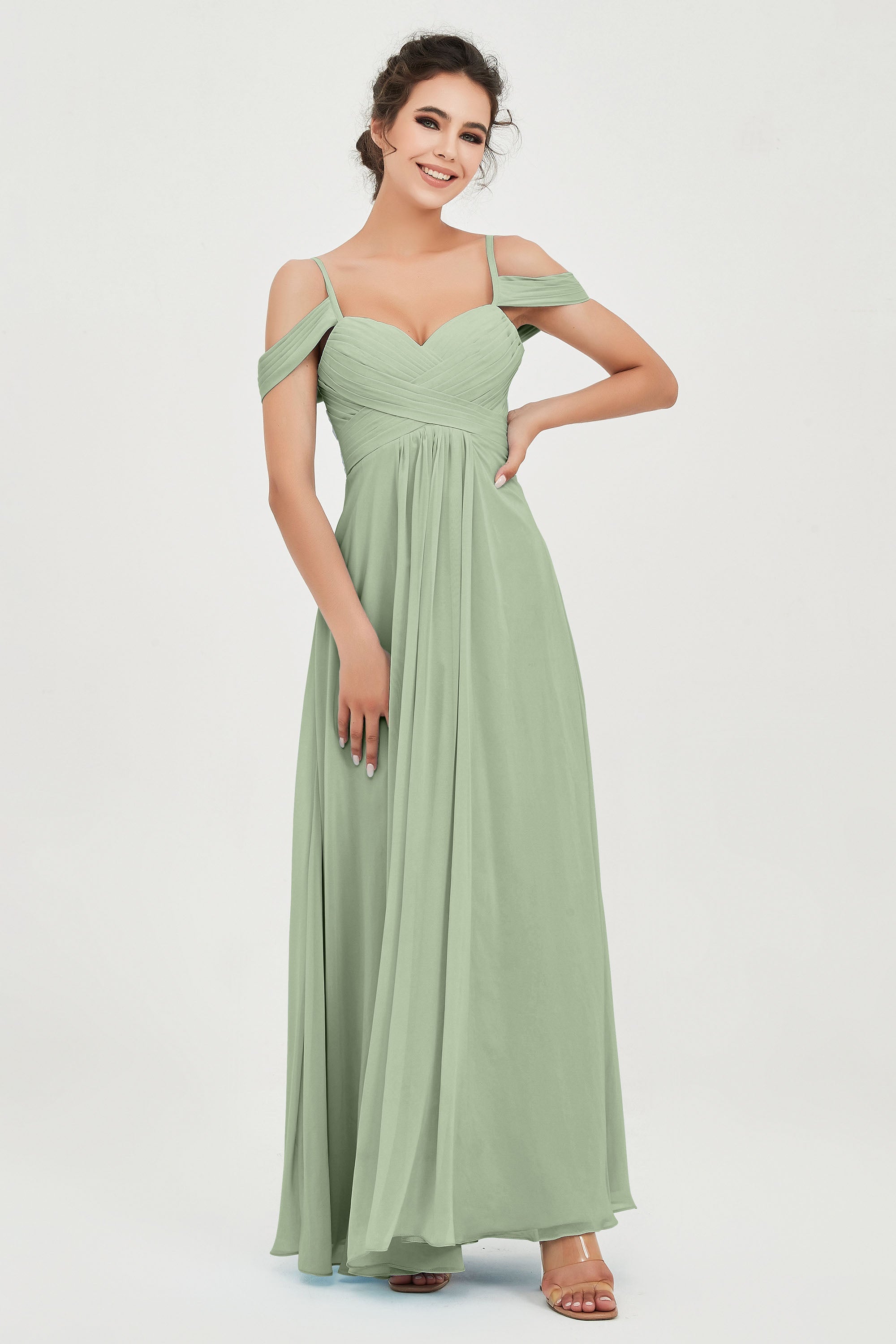 Spaghetti Straps Chiffon Off the Shoulder Bridesmaid Dress Floor Formal Evening Dresses Gowns
