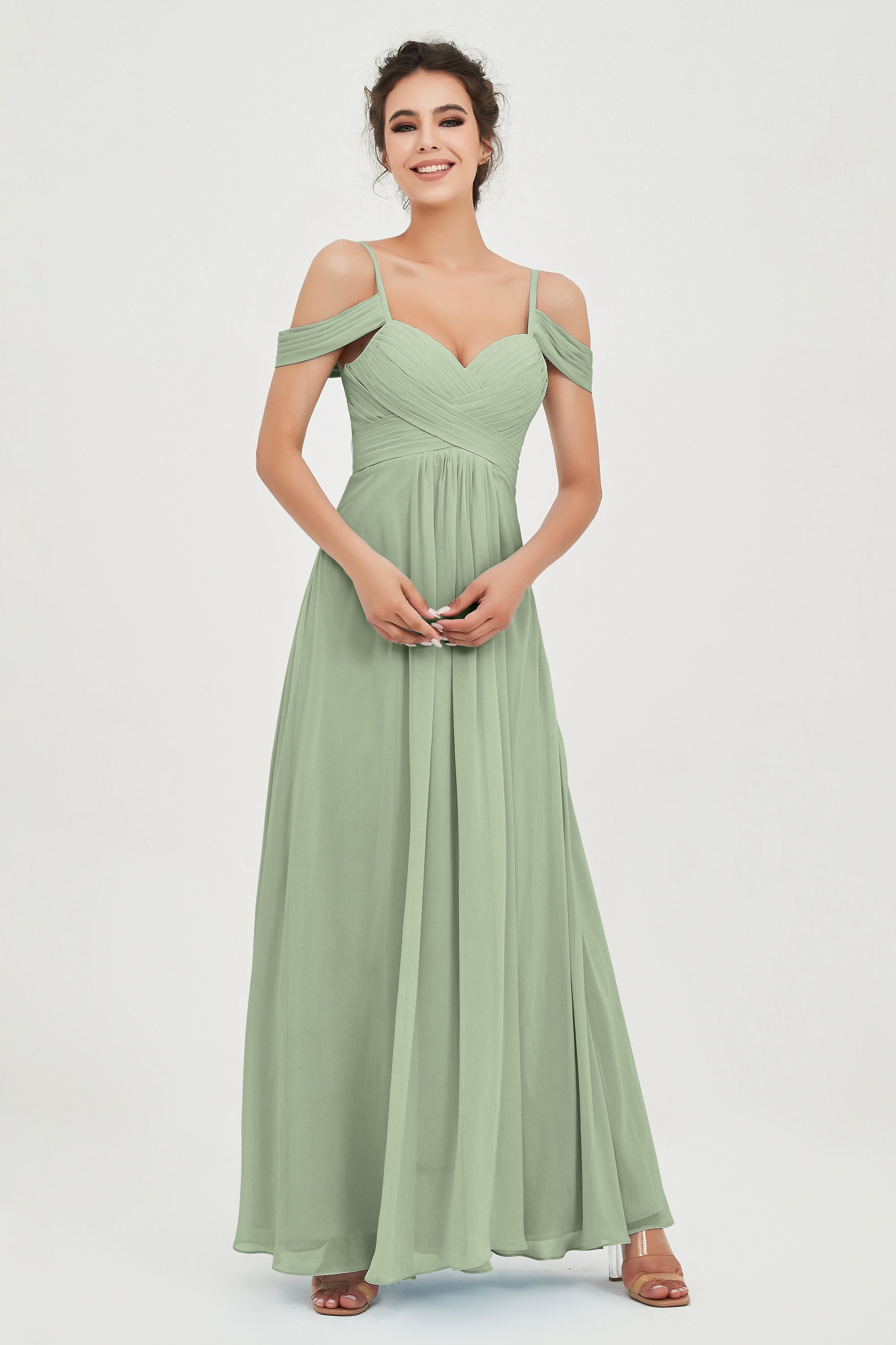 Spaghetti Straps Chiffon Off the Shoulder Bridesmaid Dress Floor Formal Evening Dresses Gowns
