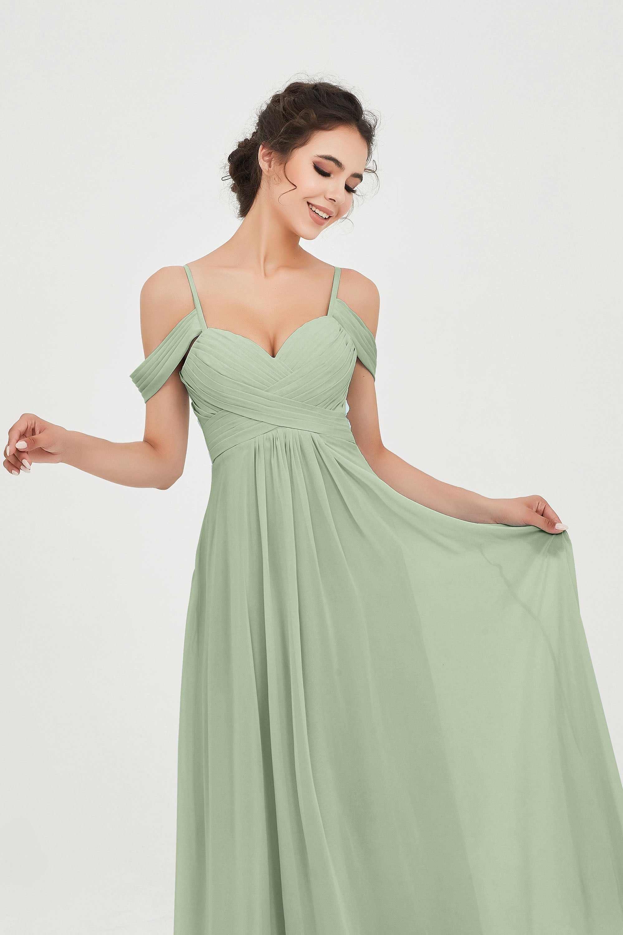 Spaghetti Straps Chiffon Off the Shoulder Bridesmaid Dress Floor Formal Evening Dresses Gowns