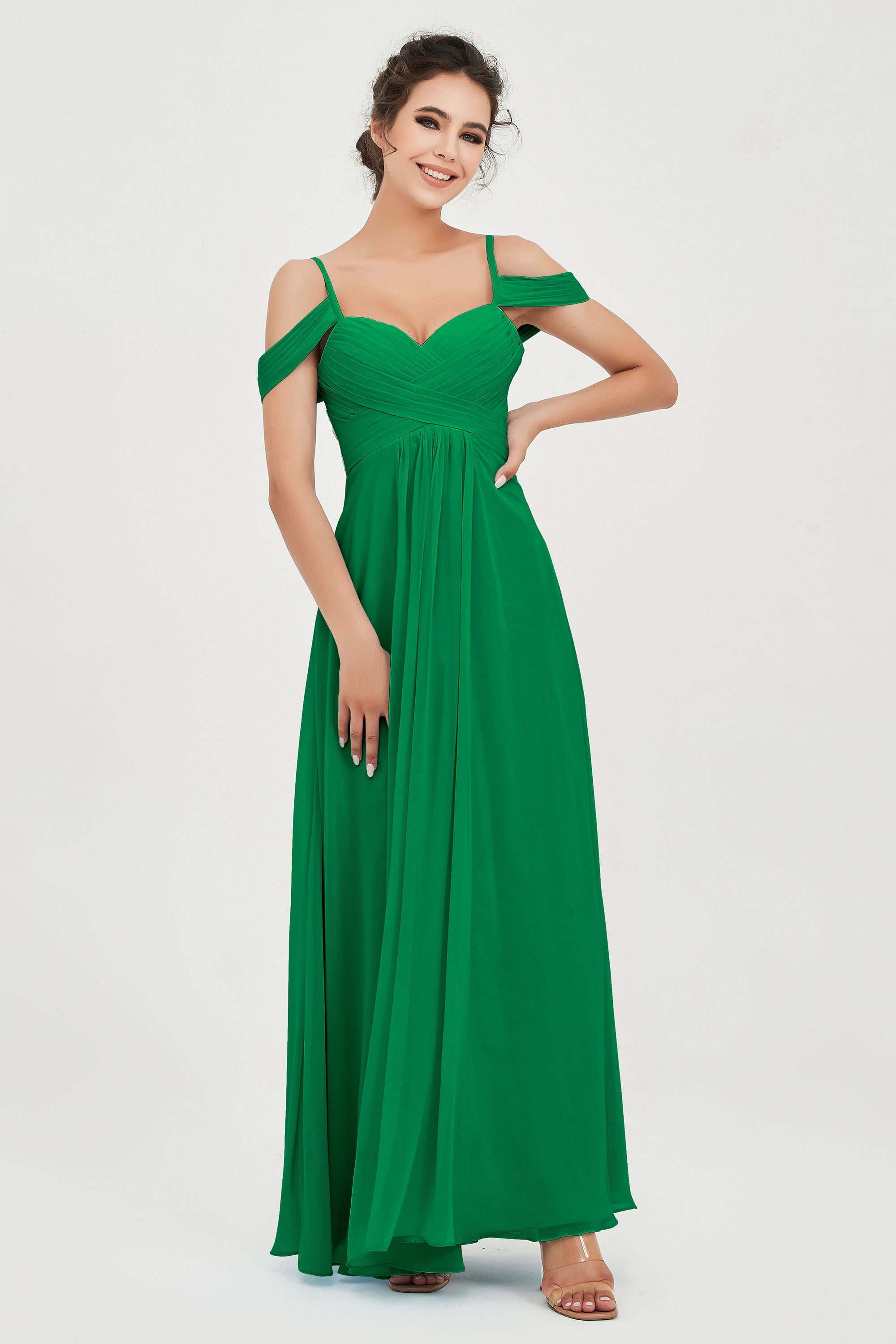 Spaghetti Straps Chiffon Off the Shoulder Bridesmaid Dress Floor Formal Evening Dresses Gowns