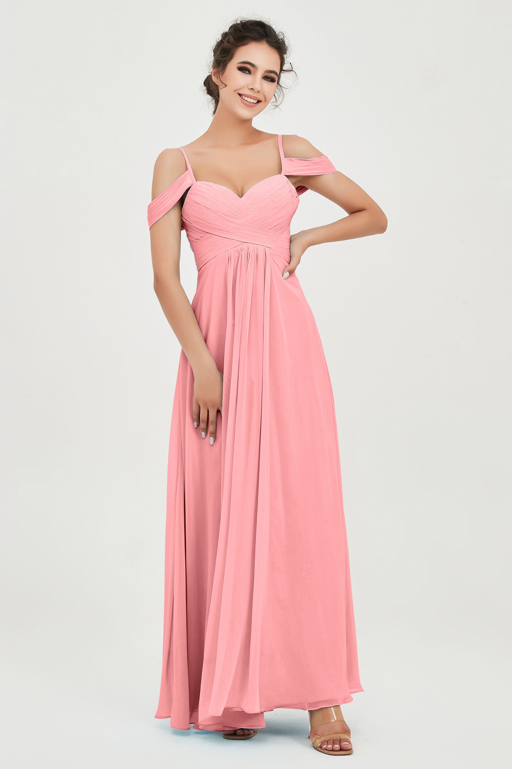 Spaghetti Straps Chiffon Off the Shoulder Bridesmaid Dress Floor Formal Evening Dresses Gowns