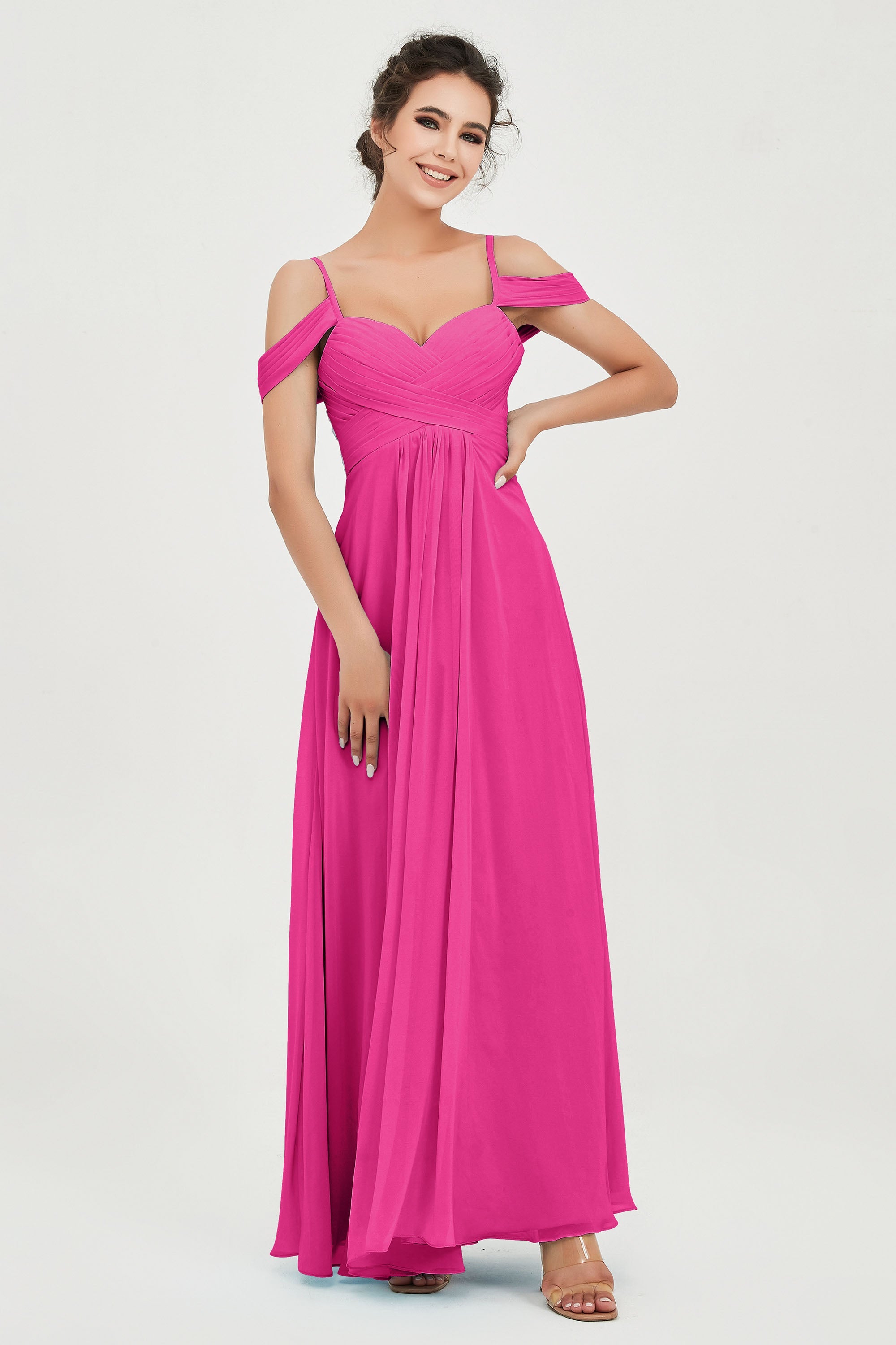 Spaghetti Straps Chiffon Off the Shoulder Bridesmaid Dress Floor Formal Evening Dresses Gowns
