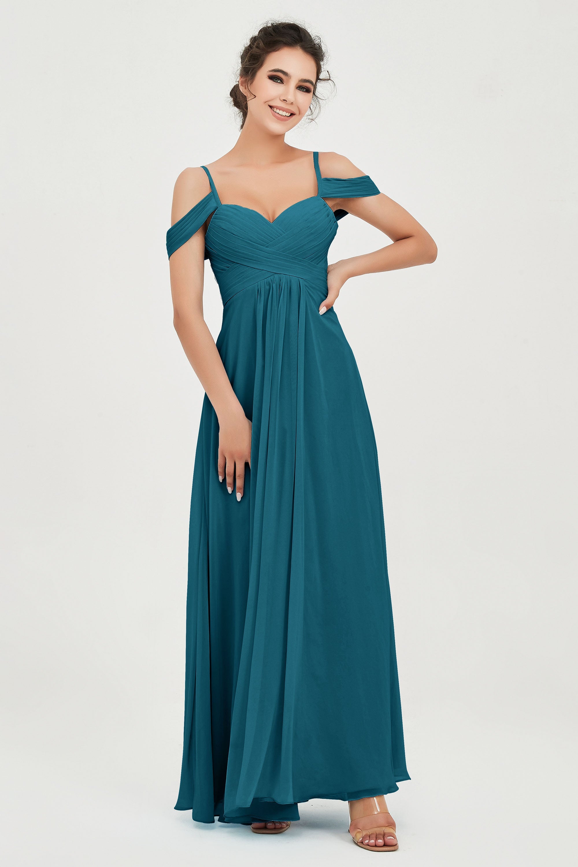 Spaghetti Straps Chiffon Off the Shoulder Bridesmaid Dress Floor Formal Evening Dresses Gowns