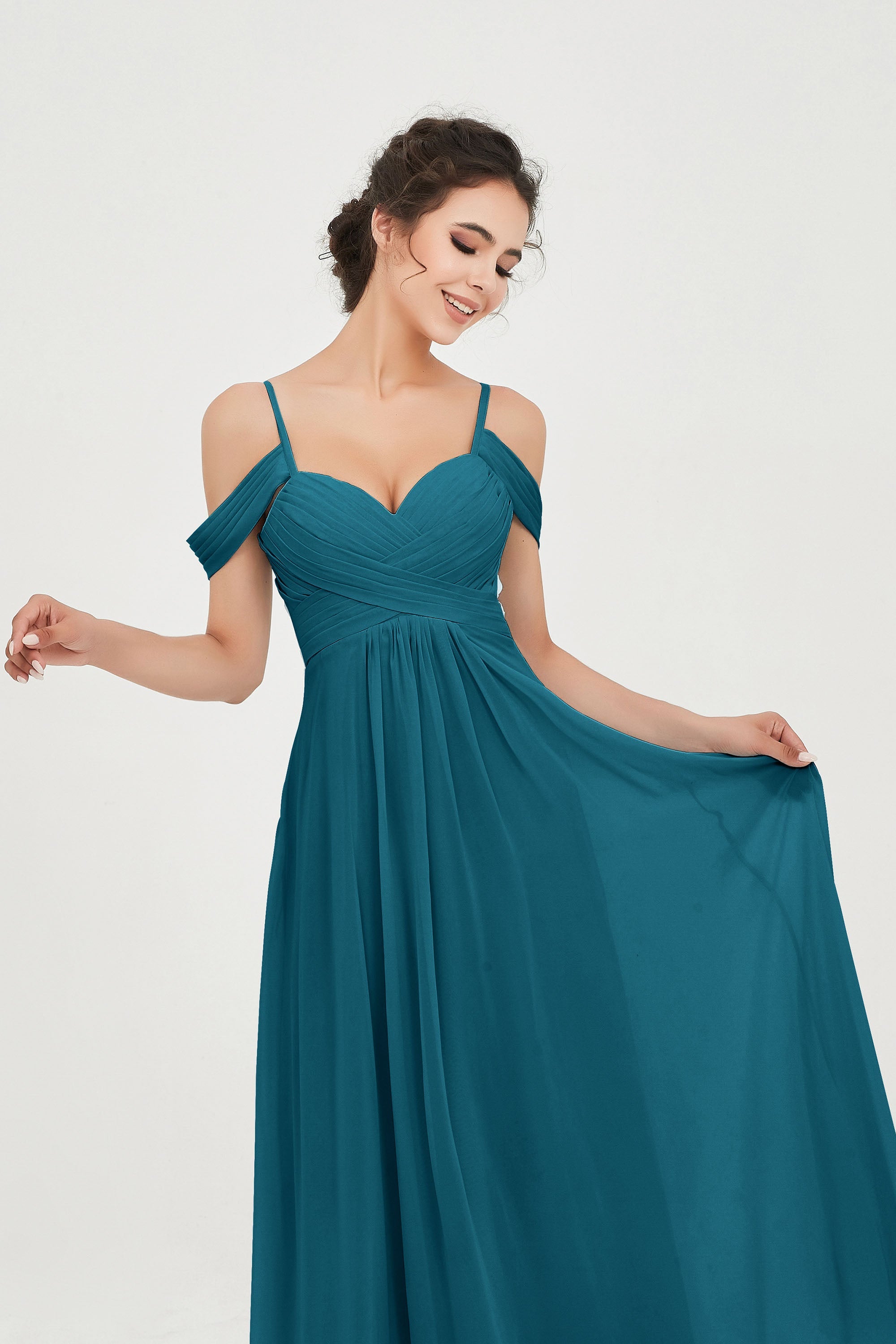 Spaghetti Straps Chiffon Off the Shoulder Bridesmaid Dress Floor Formal Evening Dresses Gowns