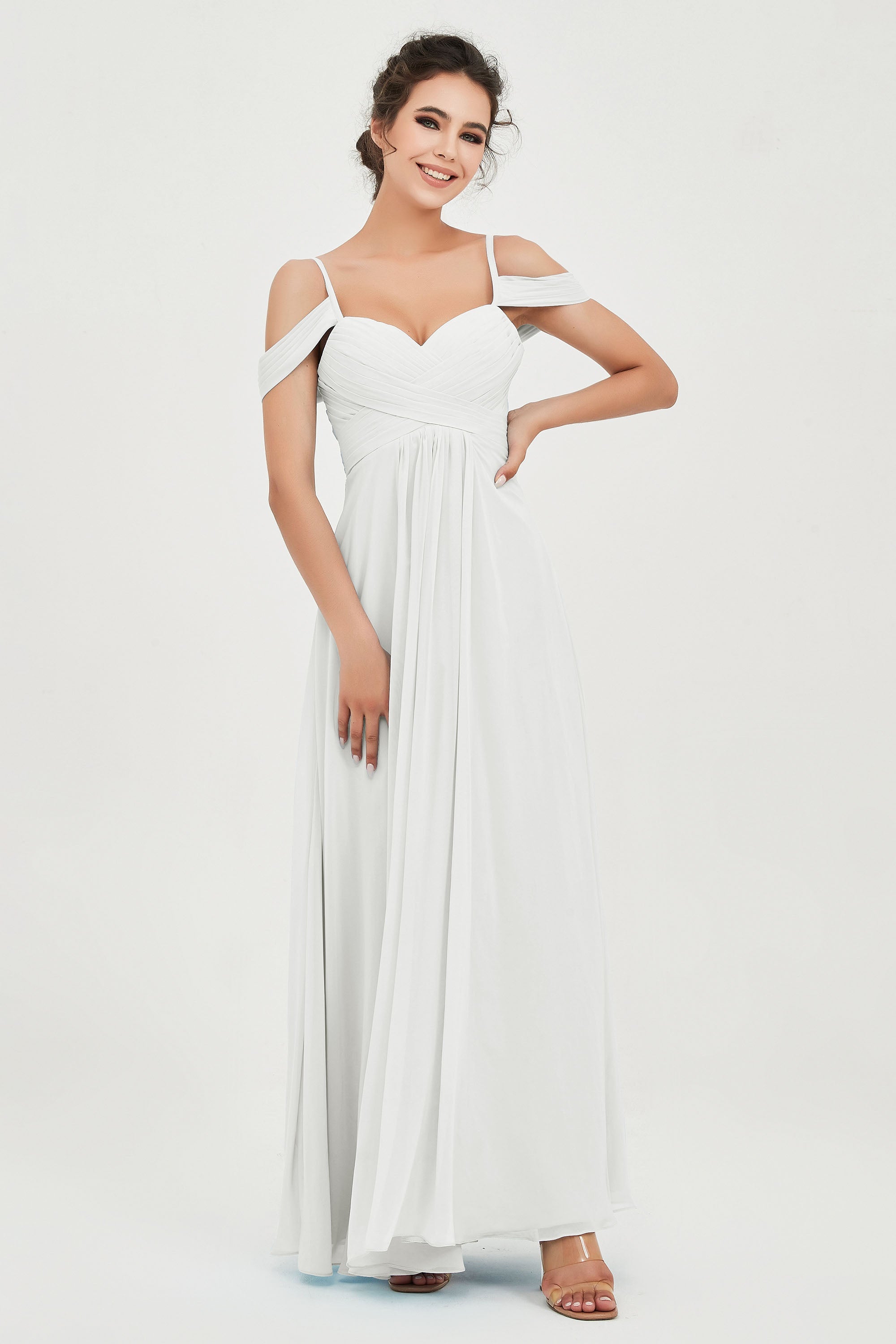 Spaghetti Straps Chiffon Off the Shoulder Bridesmaid Dress Floor Formal Evening Dresses Gowns