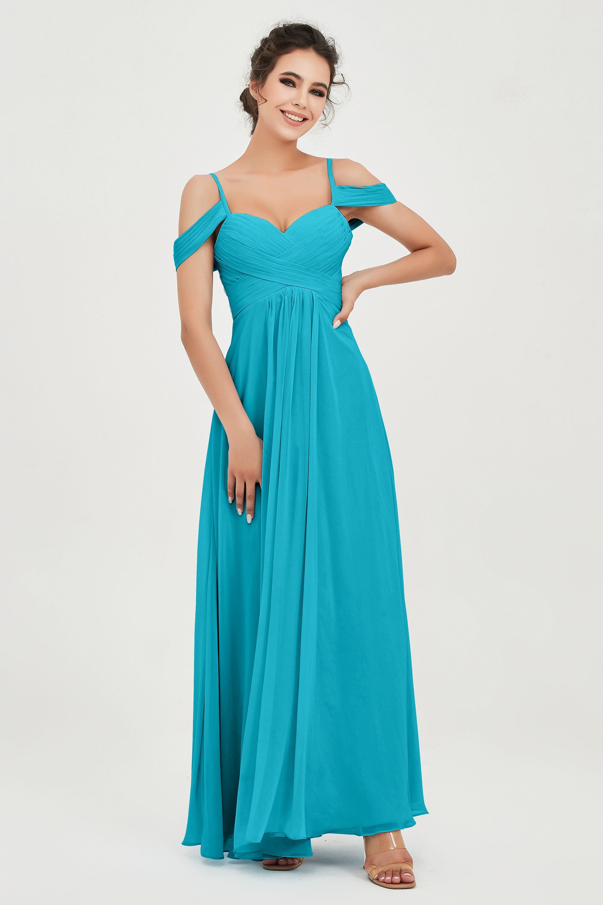 Spaghetti Straps Chiffon Off the Shoulder Bridesmaid Dress Floor Formal Evening Dresses Gowns