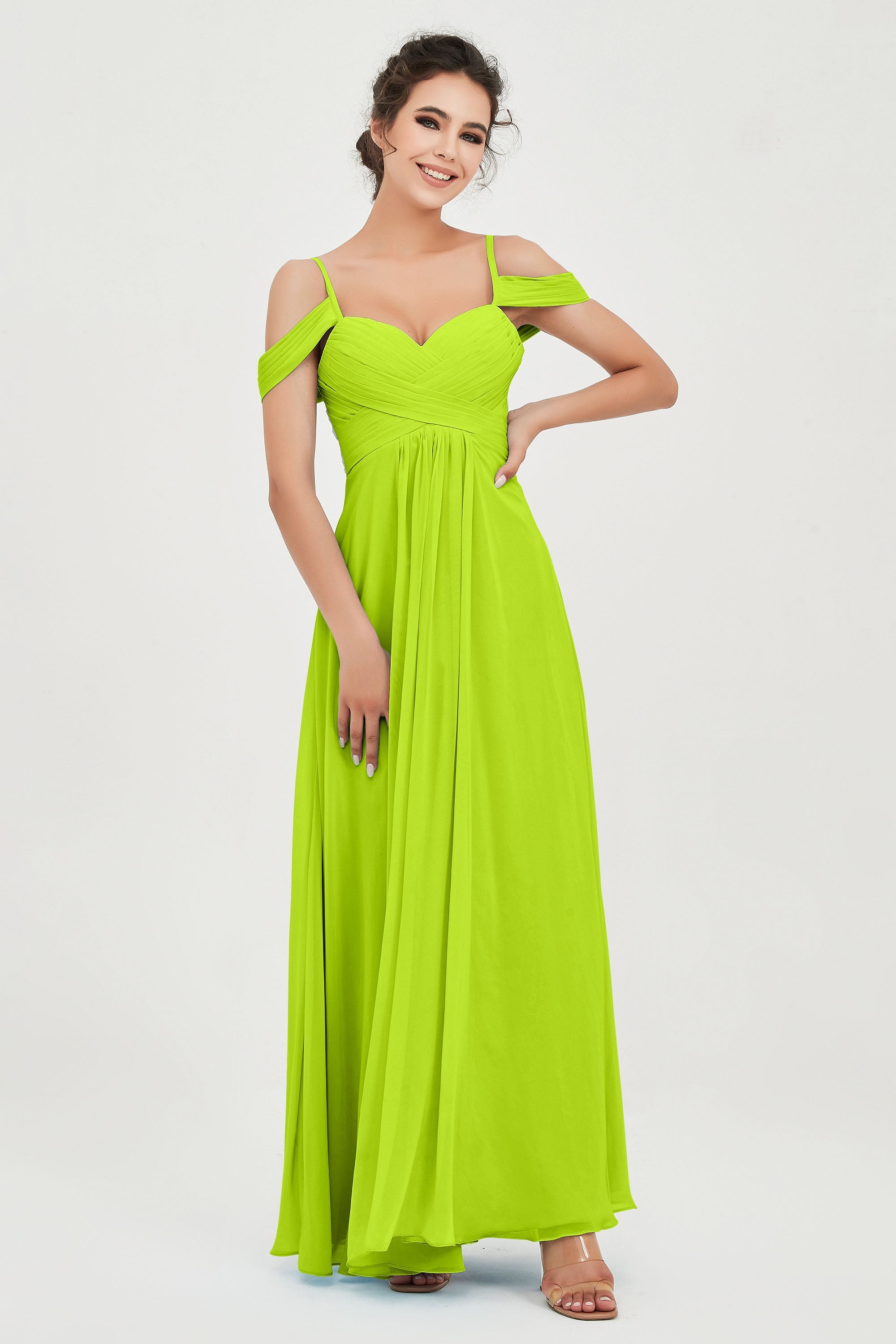 Spaghetti Straps Chiffon Off the Shoulder Bridesmaid Dress Floor Formal Evening Dresses Gowns