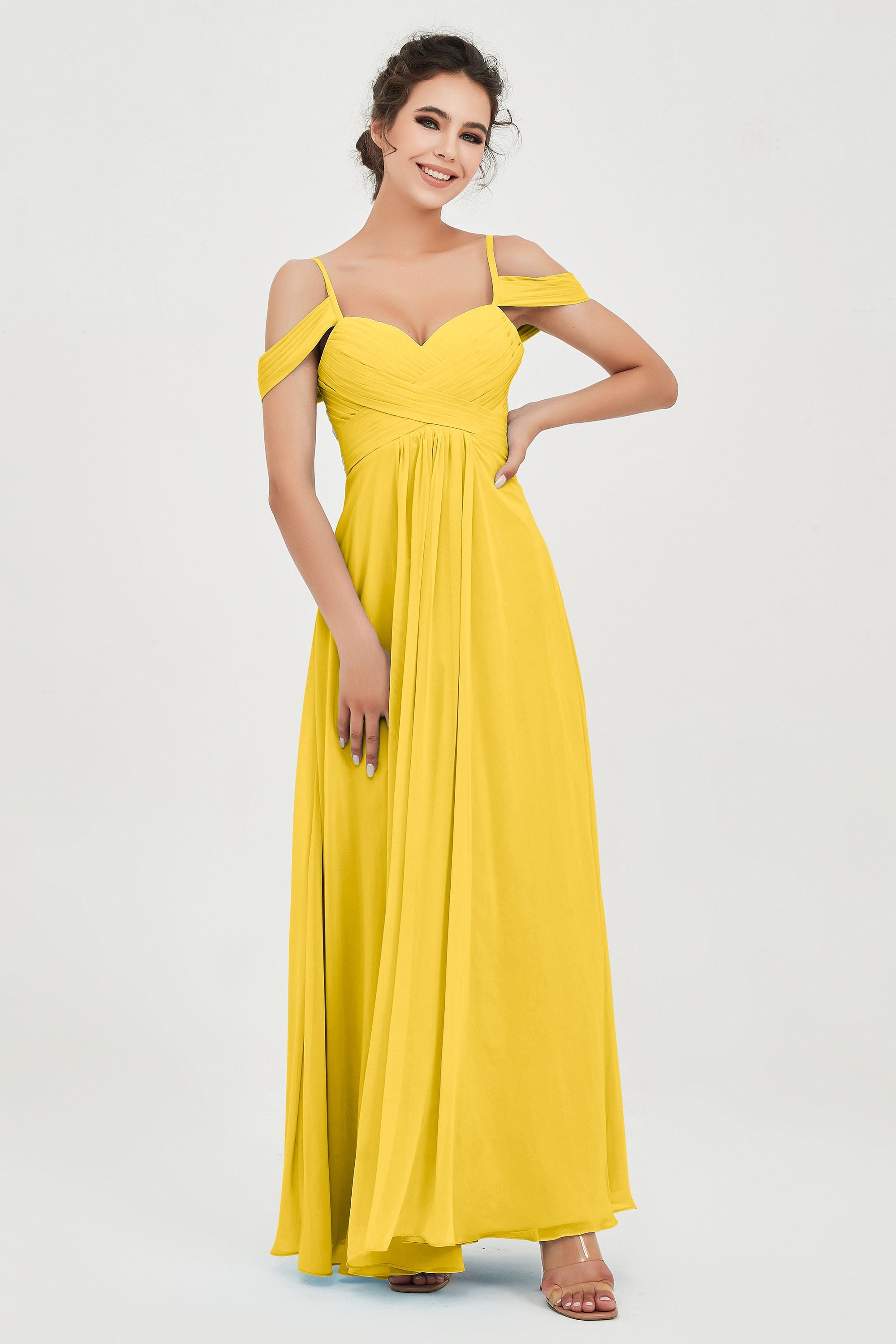 Spaghetti Straps Chiffon Off the Shoulder Bridesmaid Dress Floor Formal Evening Dresses Gowns