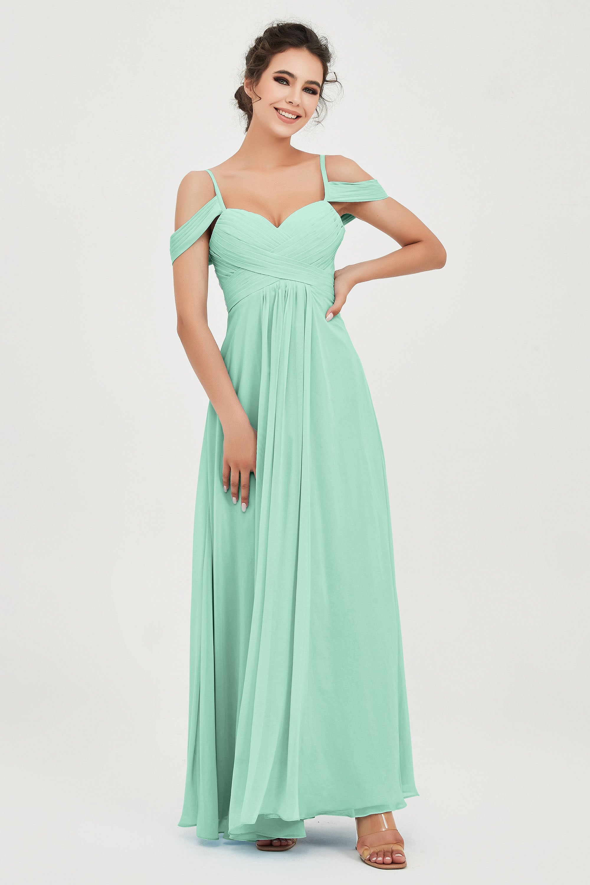 Spaghetti Straps Chiffon Off the Shoulder Bridesmaid Dress Floor Formal Evening Dresses Gowns